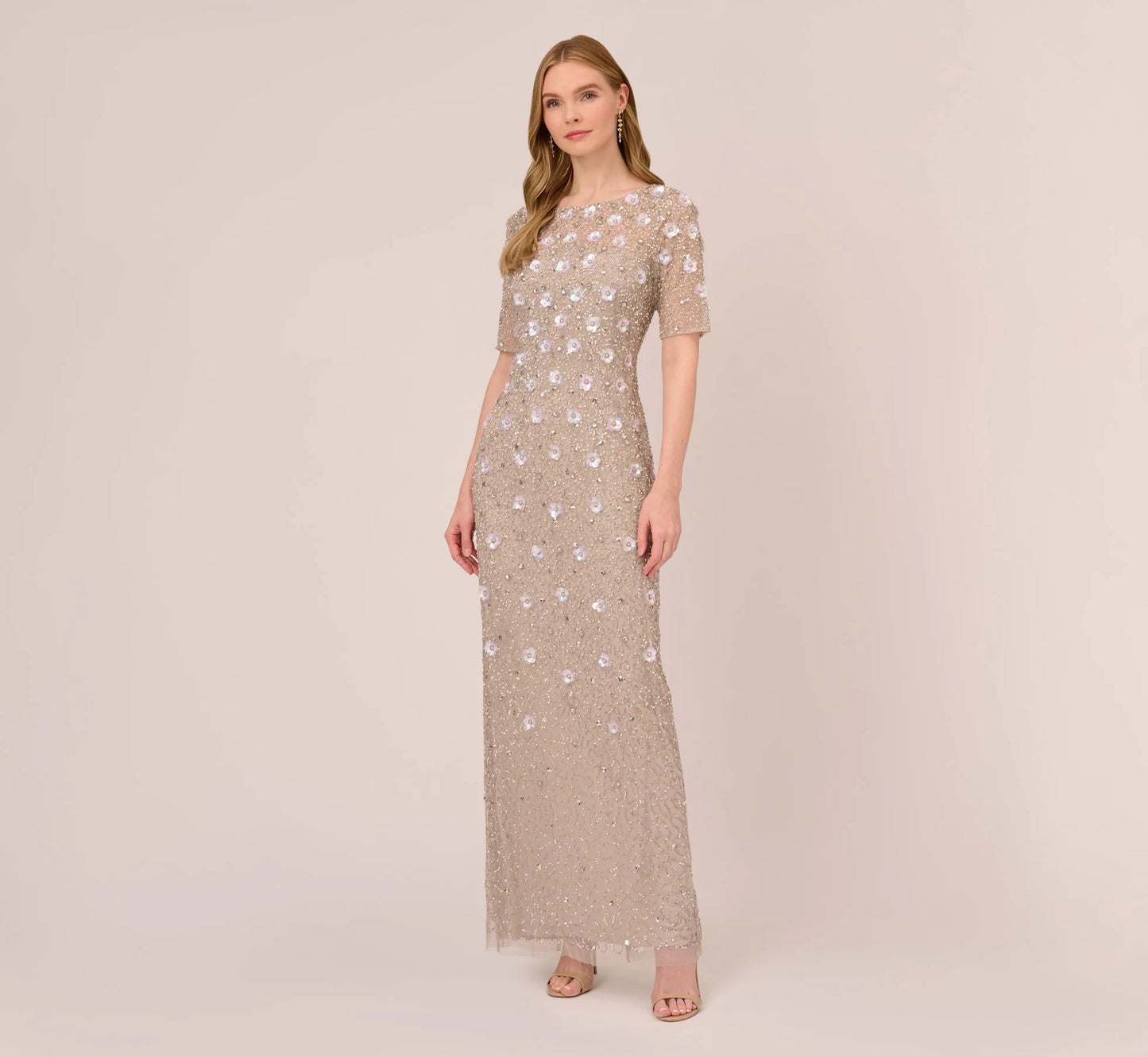 Long Hand Beaded 3D Floral Dress With Elbow Sleeves In Marble