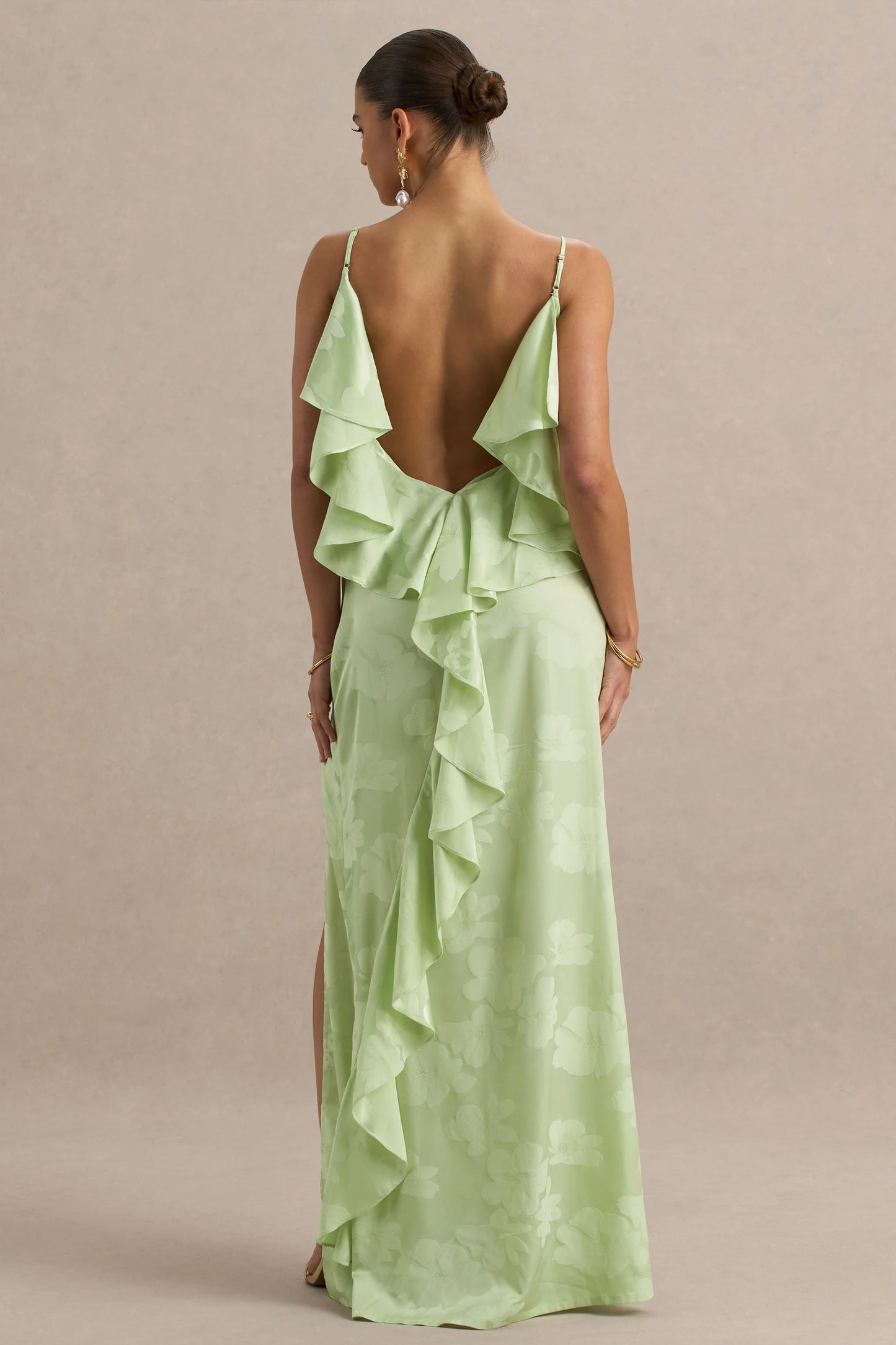 Maddie Light Green Floral Print Satin Cowl-Neck Maxi Dress