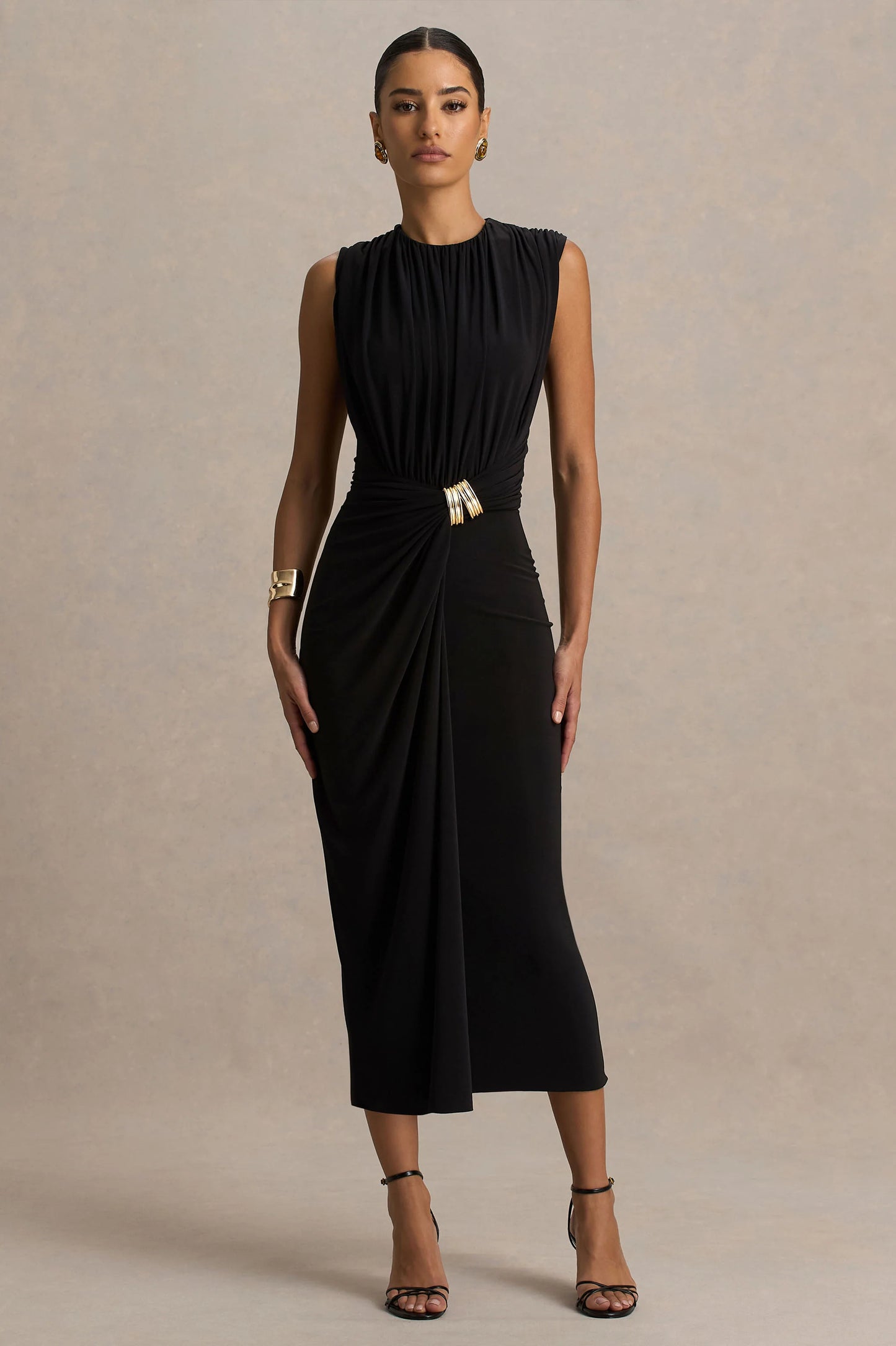 Harlow Black Crew-Neck Wrapped Midi Dress