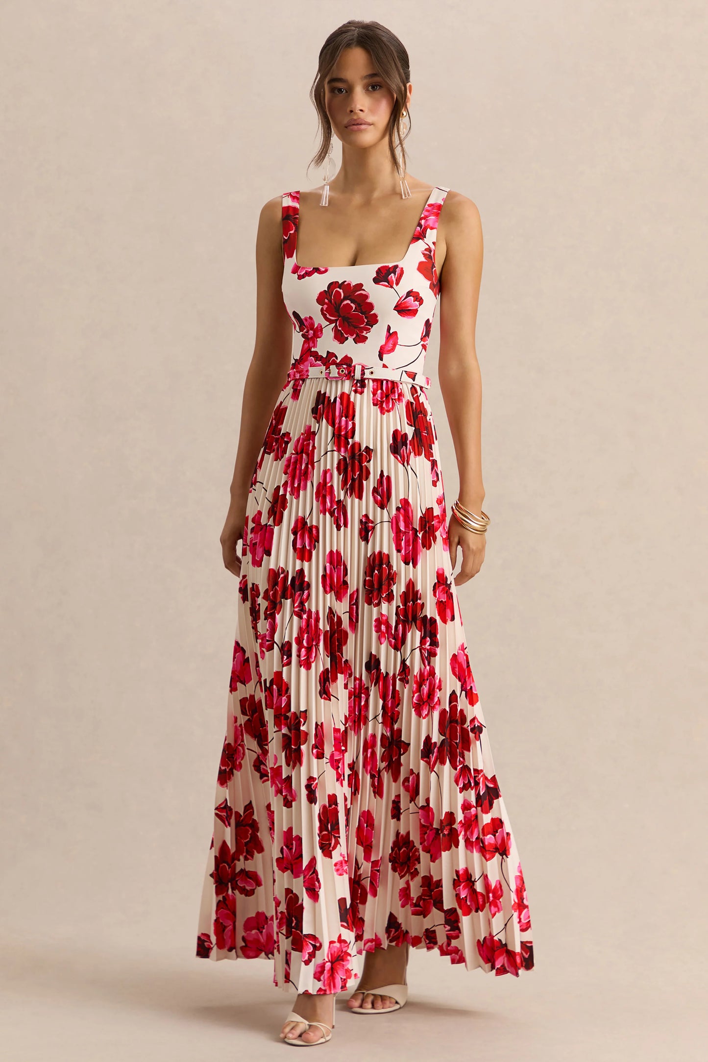 Danika Hot Pink Floral Print Square-Neck Belted Maxi Dress With Pleated Skirt