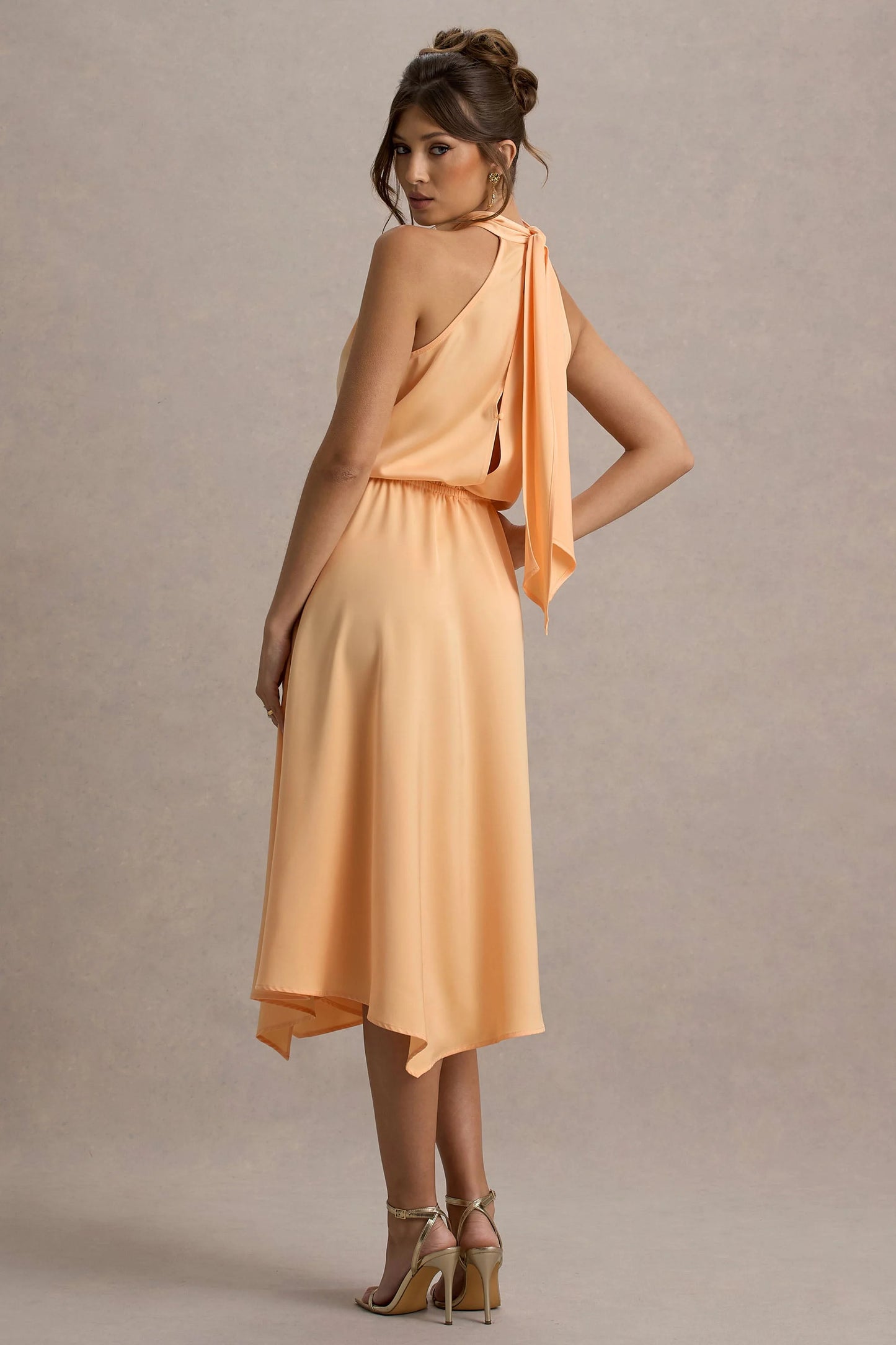 Palonia Peach Satin High-Neck Split Midi Dress