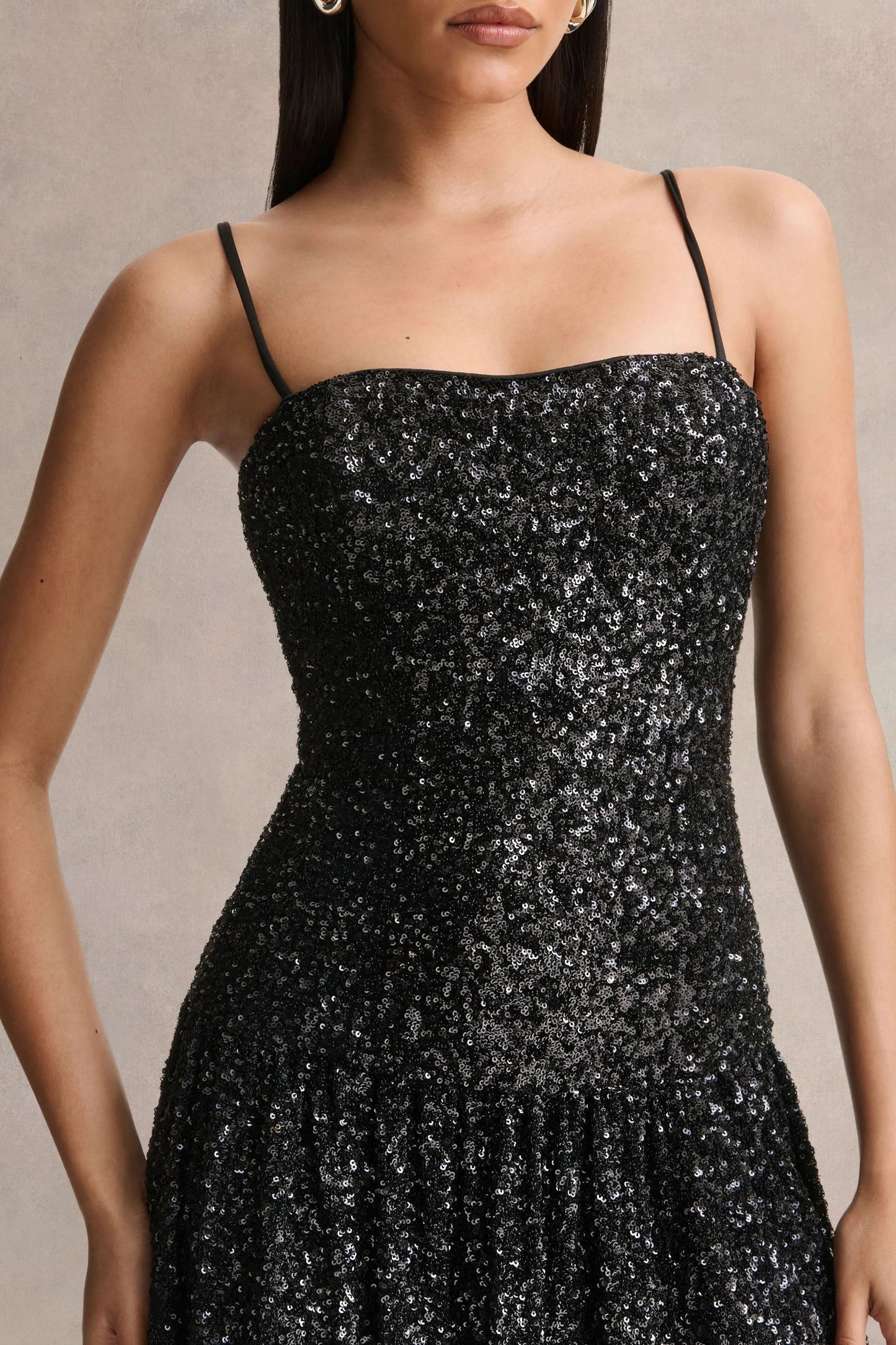 Allora Black Sequin Square-Neck Maxi Dress With Pleated Skirt