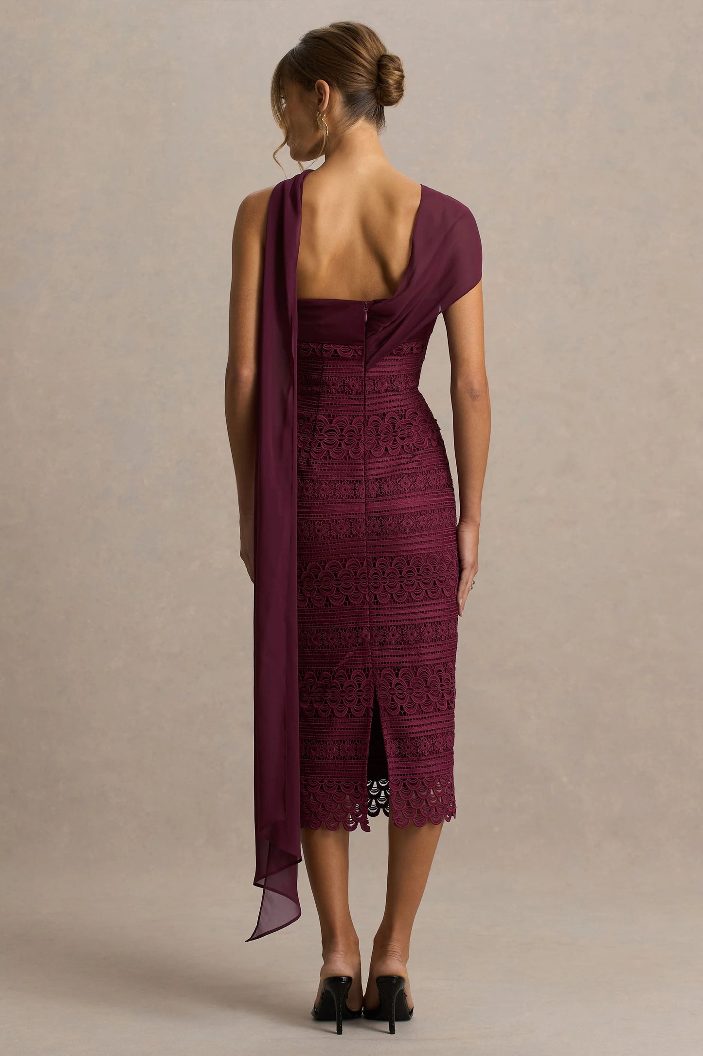 Secret Burgundy Bandeau Lace Midi Dress With Scarf Detail
