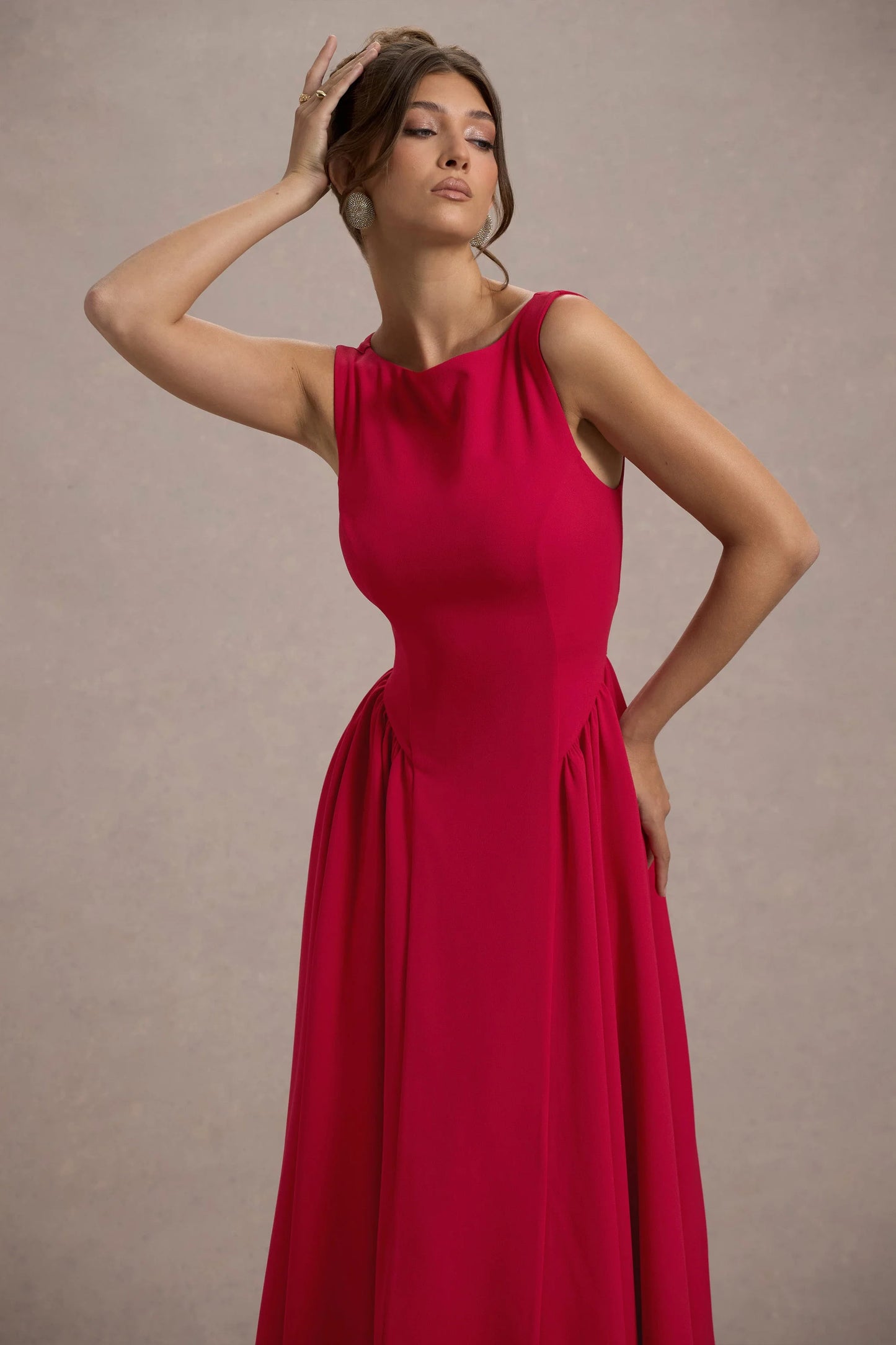 Muriel Red Boat-Neck Volume-Hem Midi Dress