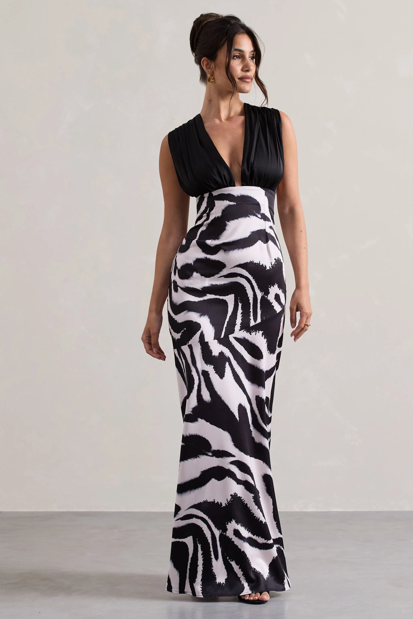 Azzara Zebra Print Satin Ruched V-Neck Maxi Dress