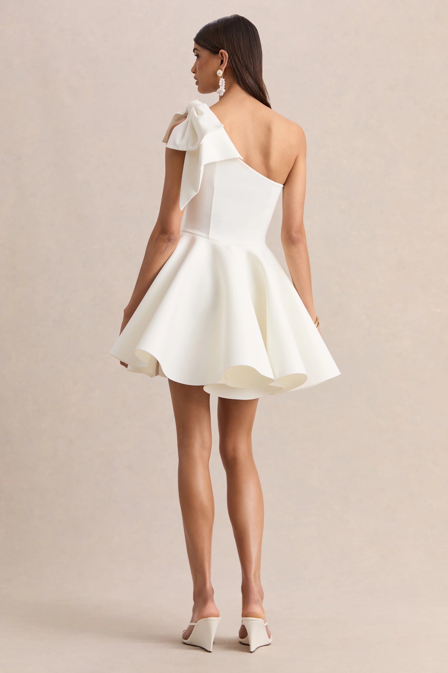 Prosperity White Asymmetric-Neck Mini Dress With Bow Detail