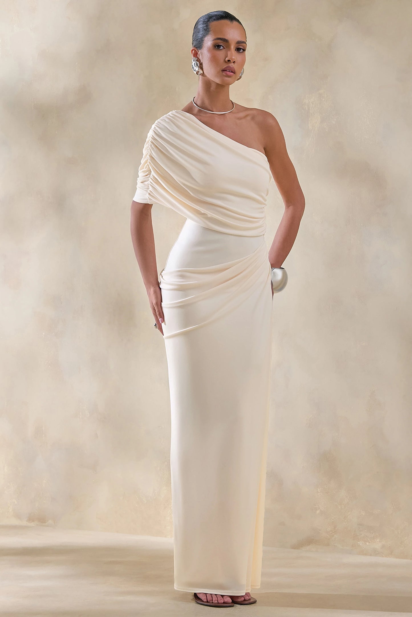 Iberia Cream Asymmetric-Neck Maxi Dress With Draped Detail