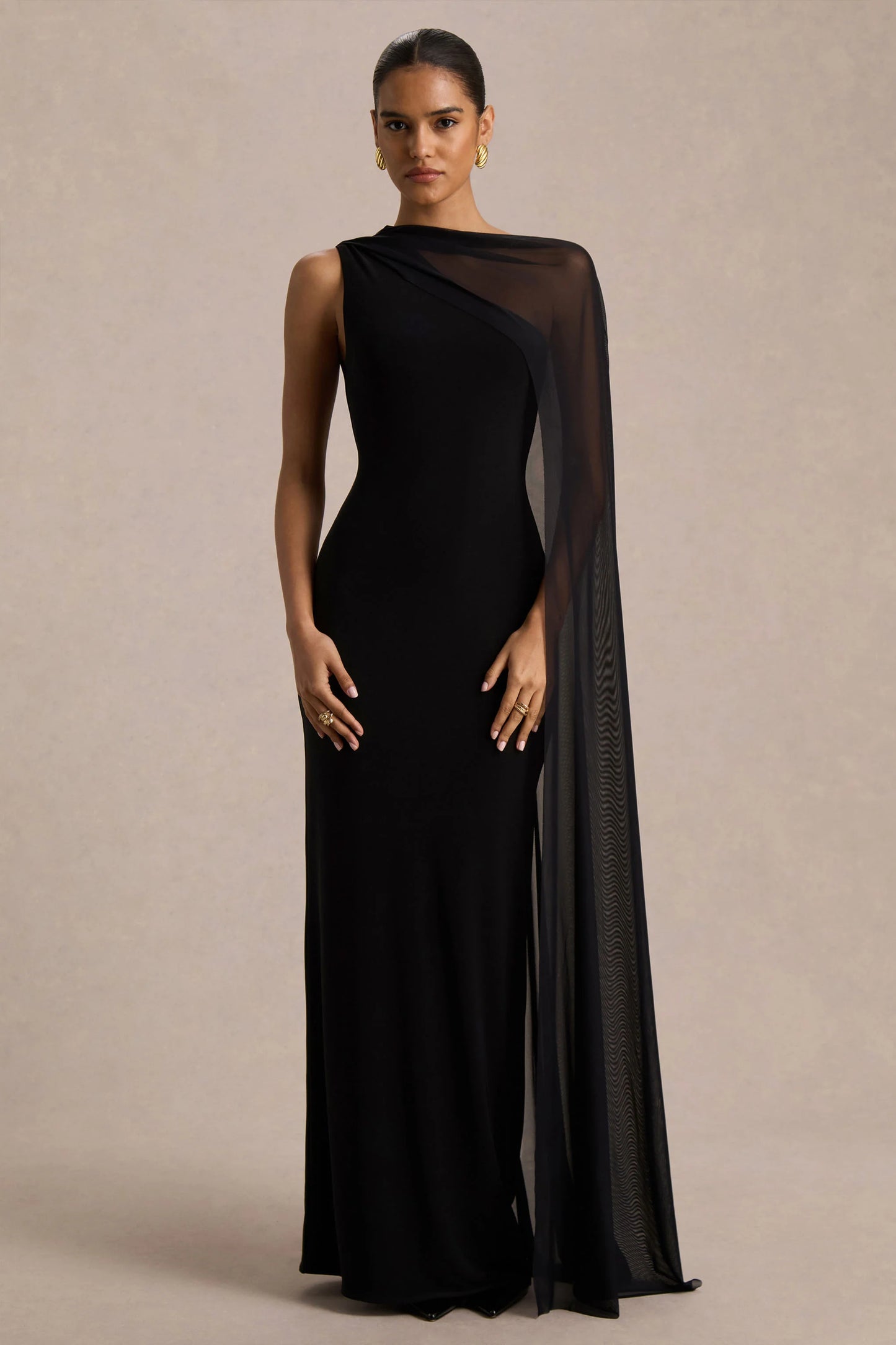 Mirelle Black Asymmetric-Neck Maxi Dress With Sheer Cape-Sleeve