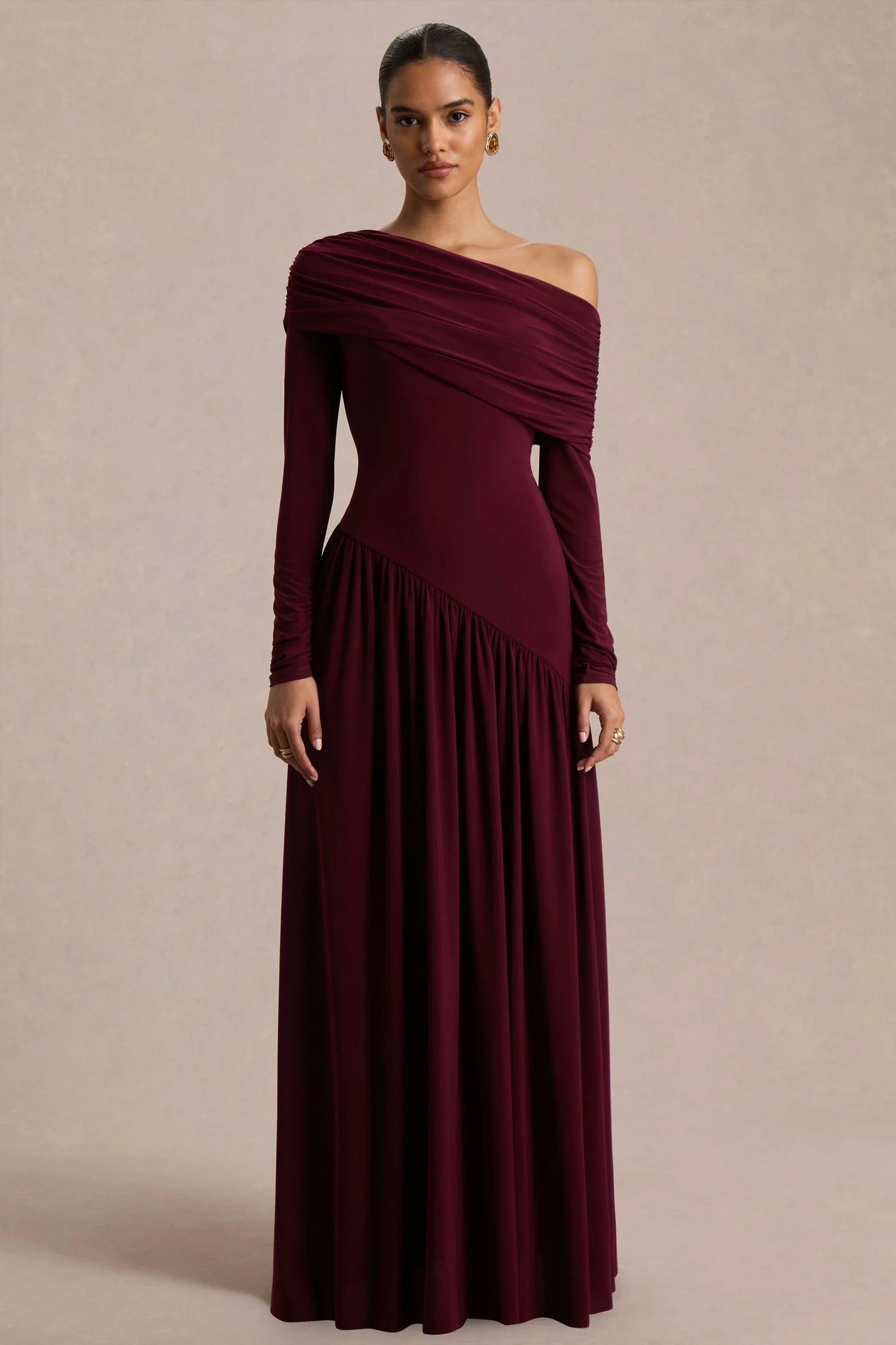 Farah Burgundy Asymmetric-Neck Maxi Dress With Drop Waist And Ruched Detailing