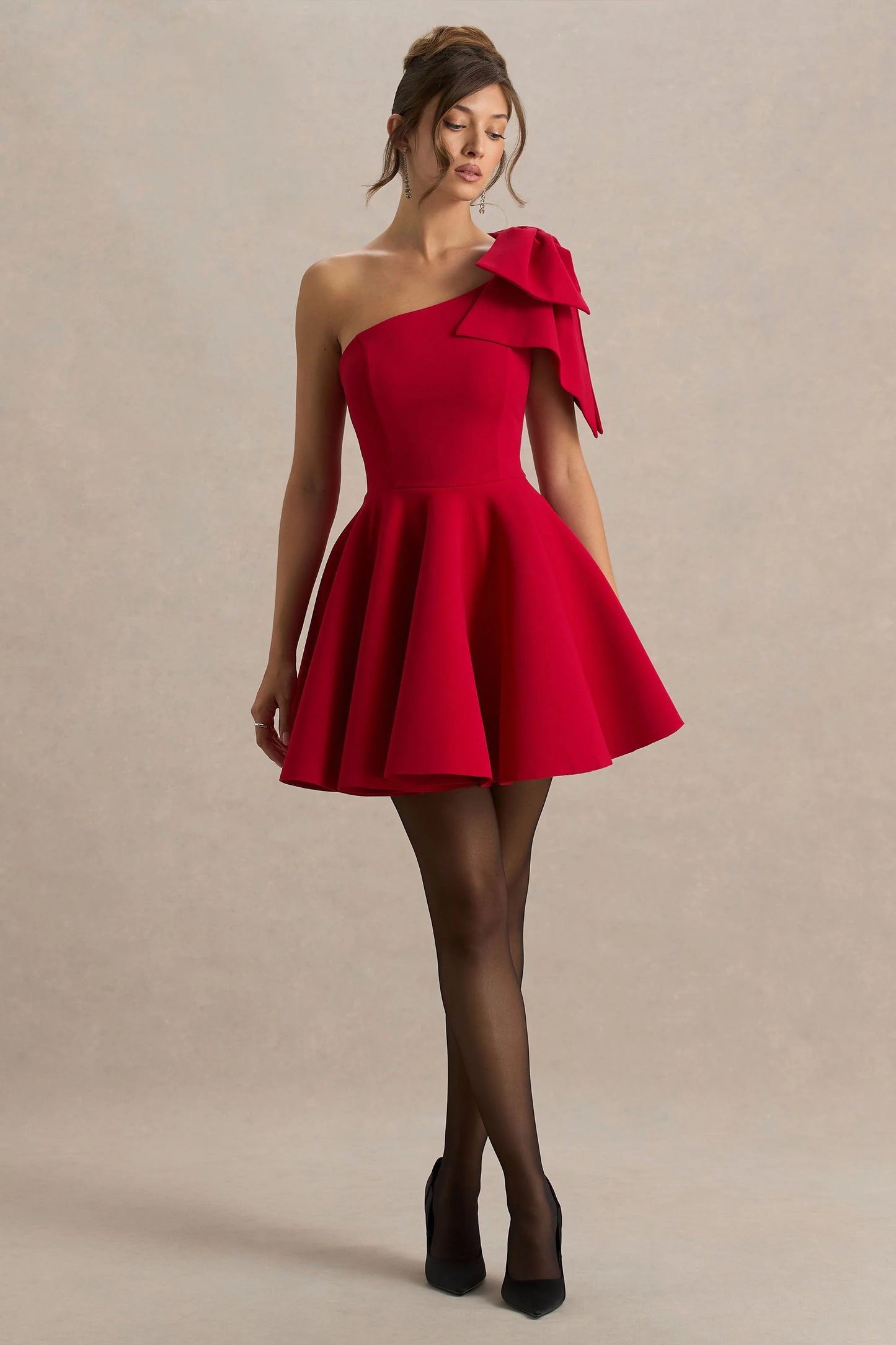 Prosperity Red Asymmetric-Neck Mini Dress With Bow Detail
