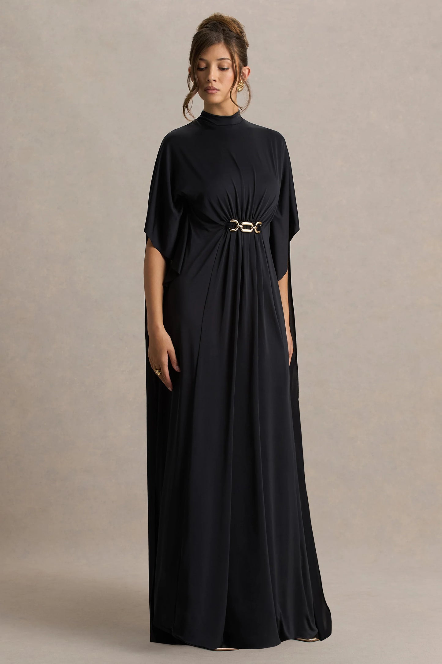 Olessia Black Belted Gathered Cape-Sleeve Maxi Dress