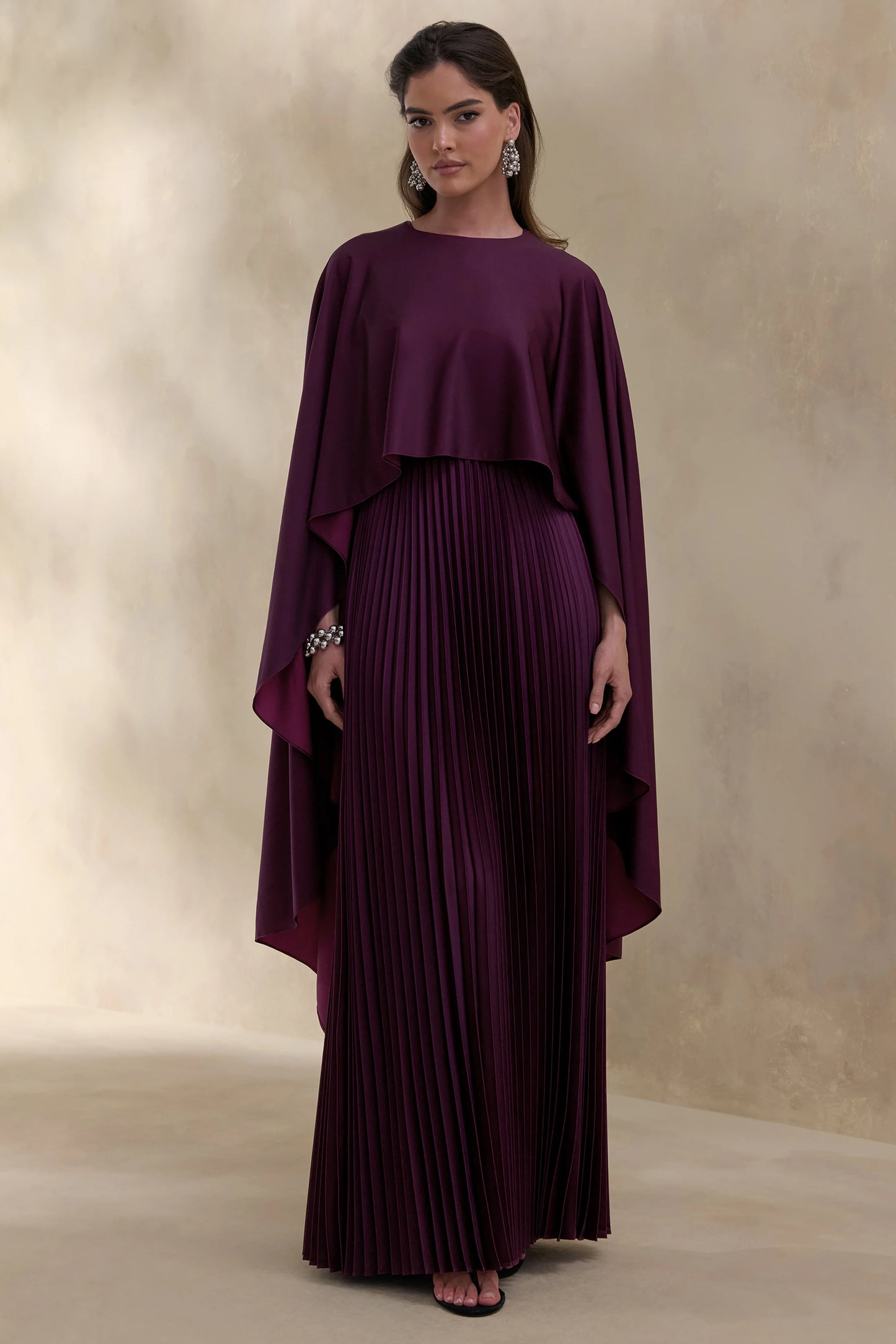 Loradia Dark Plum Satin Round-Neck Maxi Dress With Cape-Sleeves And Pleated-Skirt