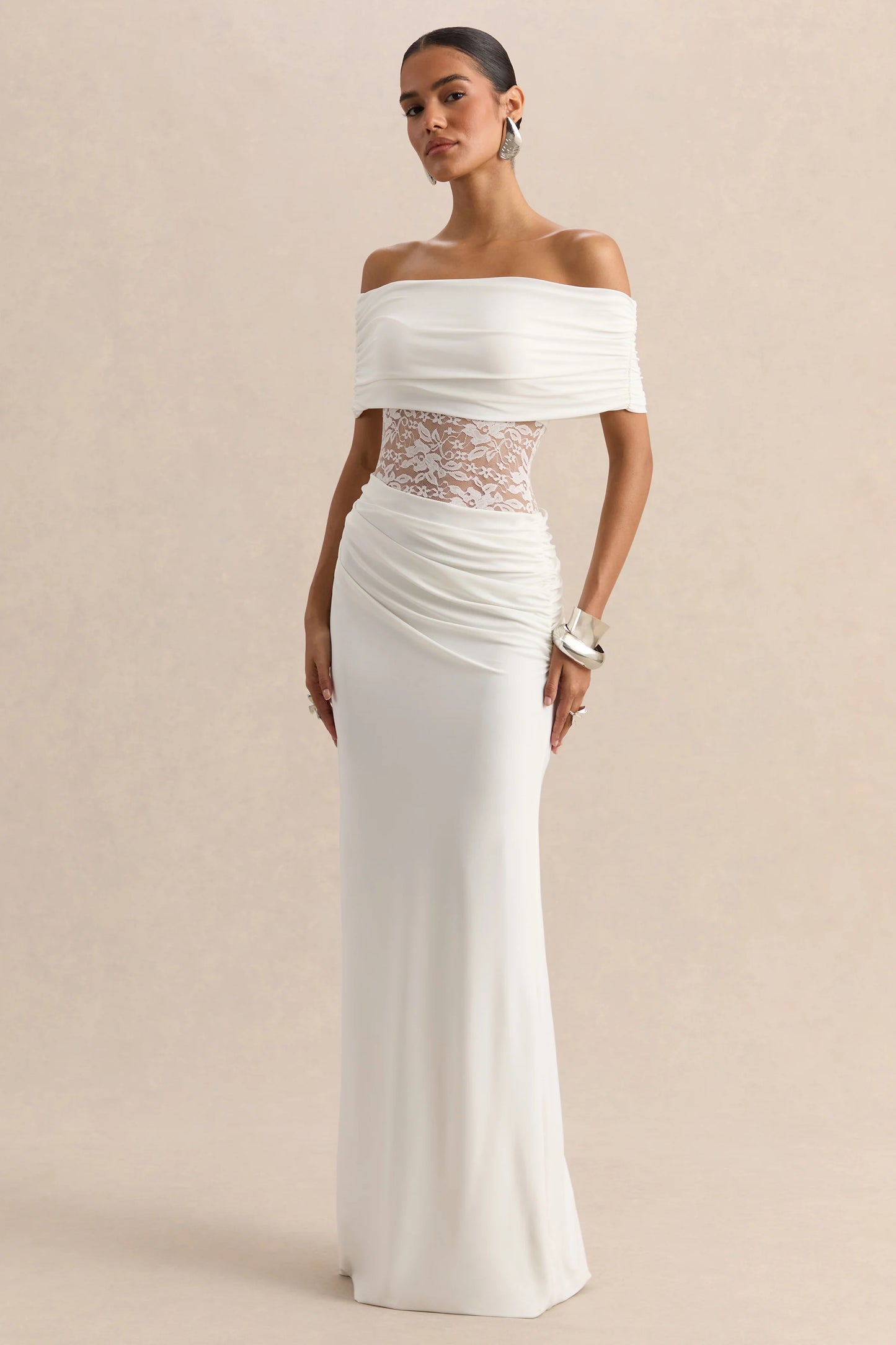 Forsya White Bardot-Neck Maxi Dress With Lace-Detailing