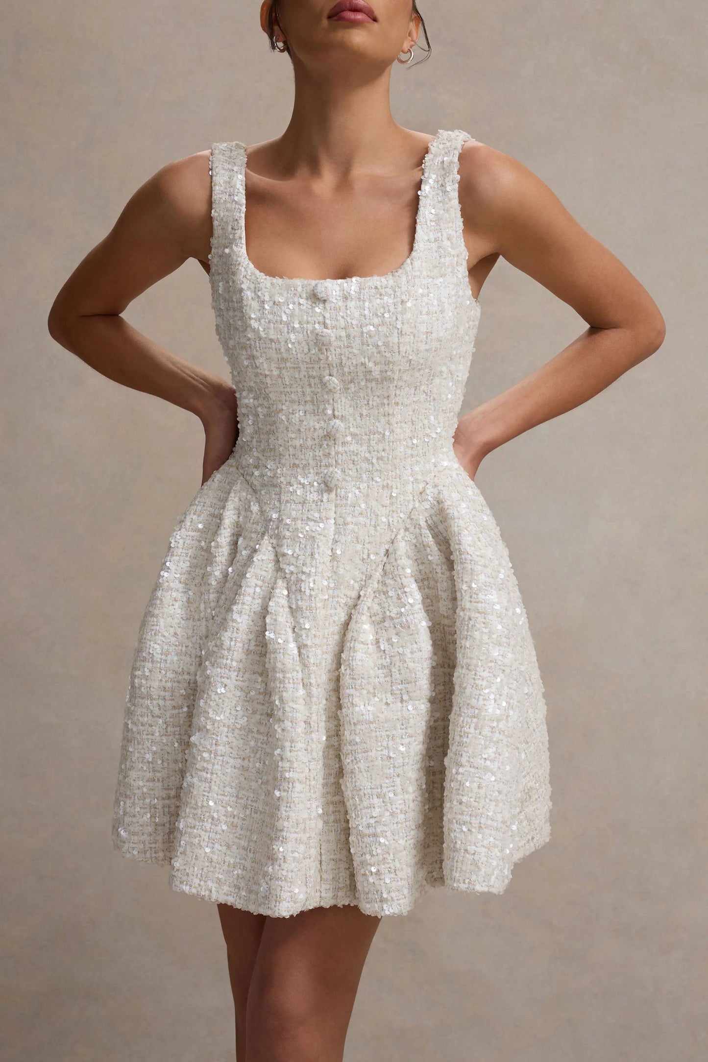 Sugar Plum Cream Boucle Square-Neck Mini Dress