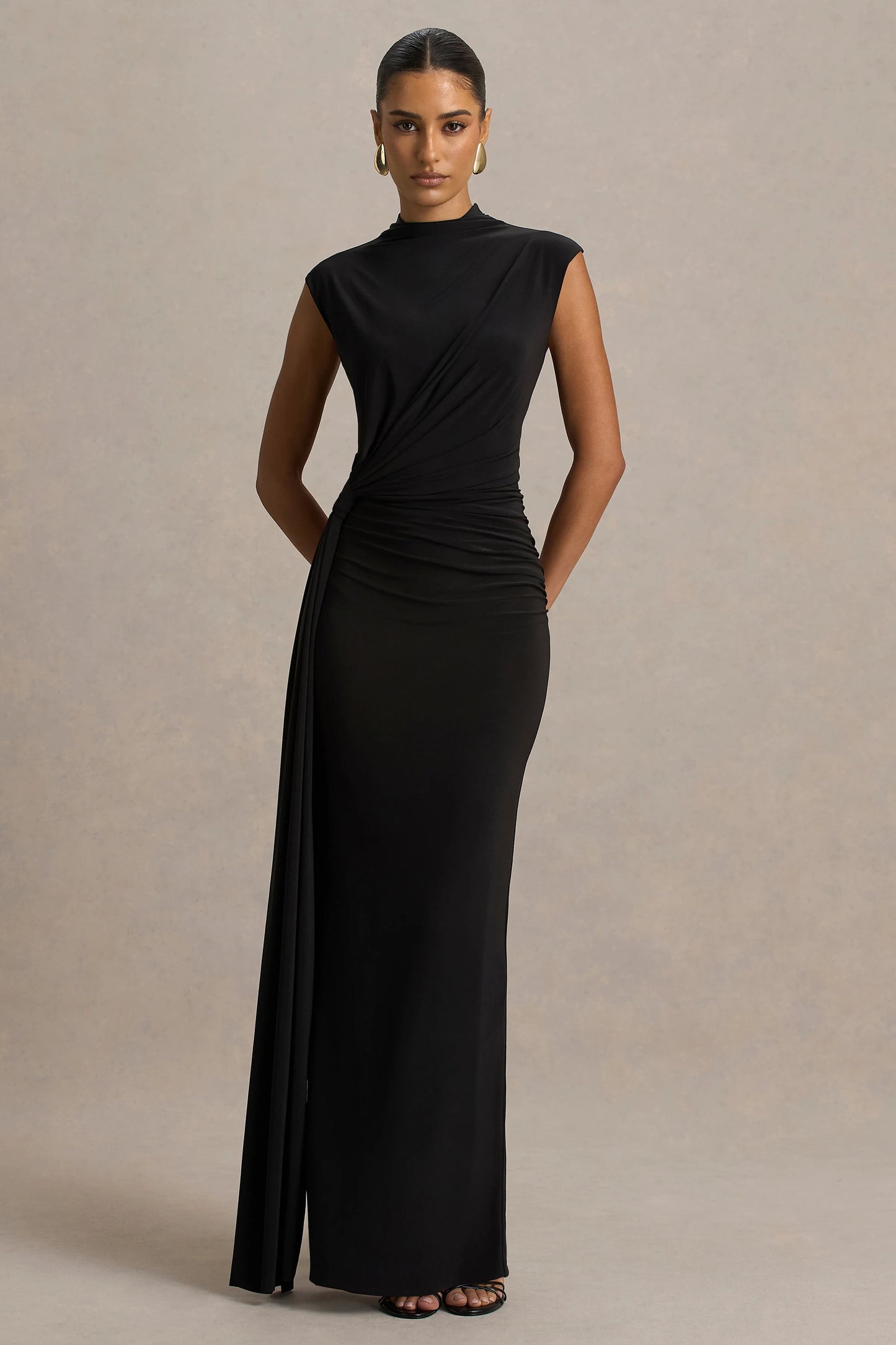 Solene Black High-Neck Maxi Dress With Wrap And Drape Detail