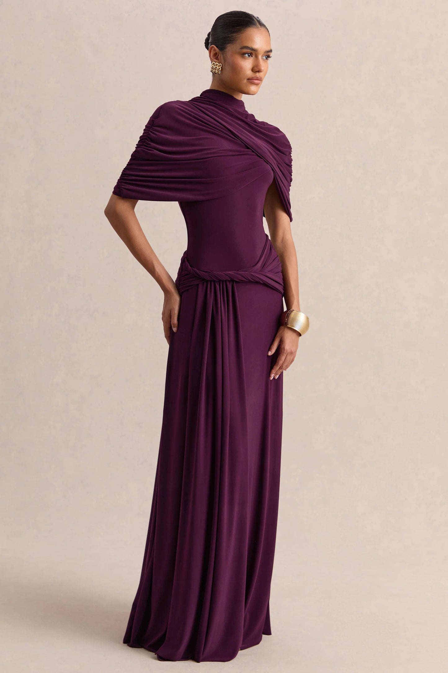 Evelisse Plum High-Neck Maxi Dress With Short-Cape Sleeves
