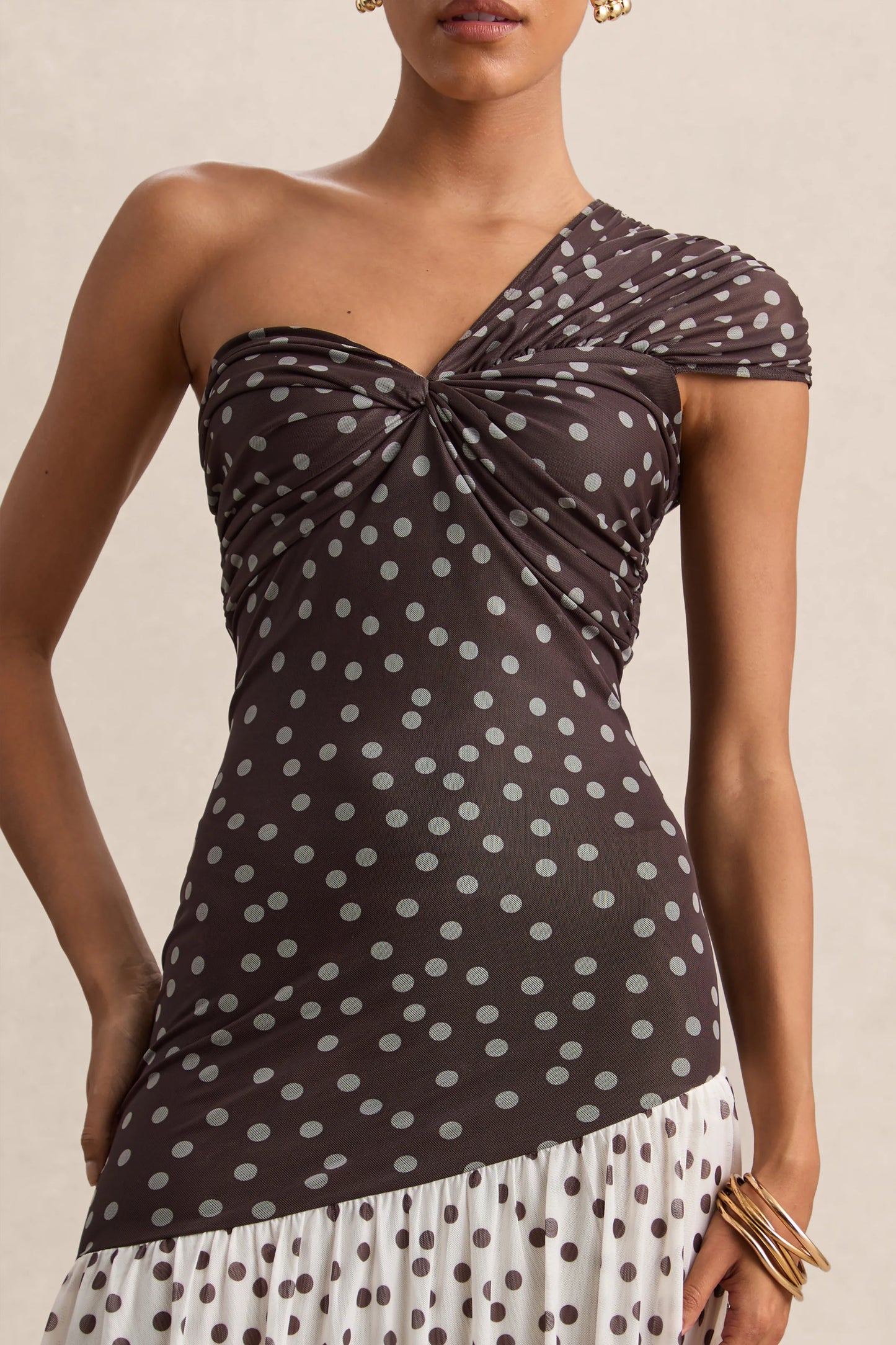 Motira Brown Polka-Dot Asymmetric-Neck Maxi Dress With Asymmetric Drop-Waist