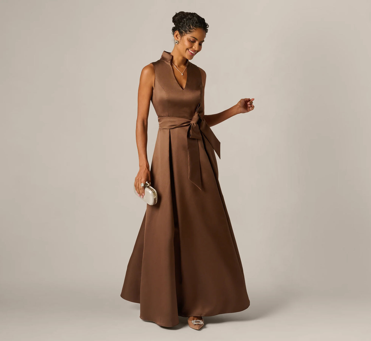 Sleeveless Queen Anne Tie Front Ballgown In Espresso