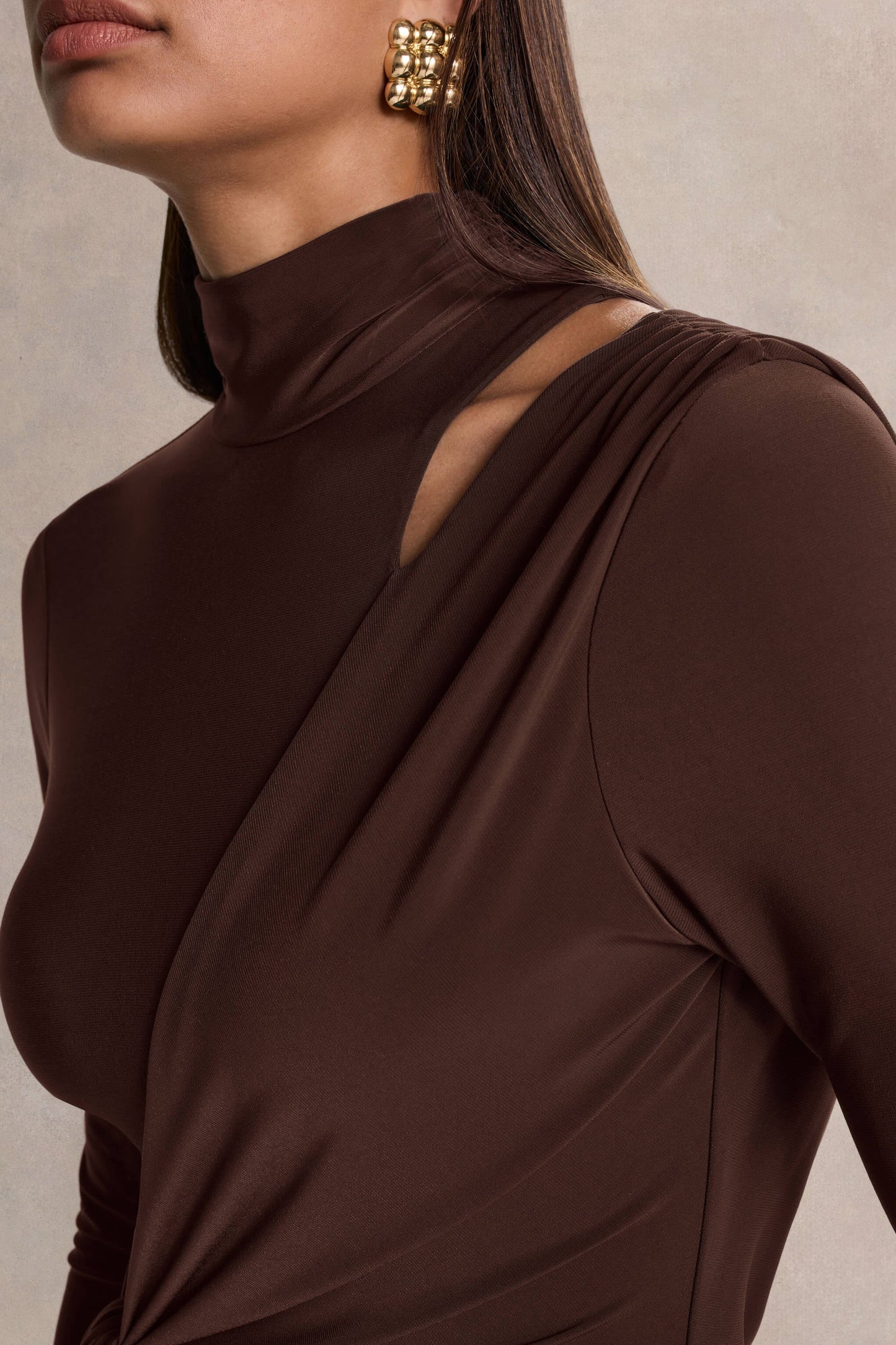 Alastrina Brown High-Neck Maxi Dress With Gathered-Detailing