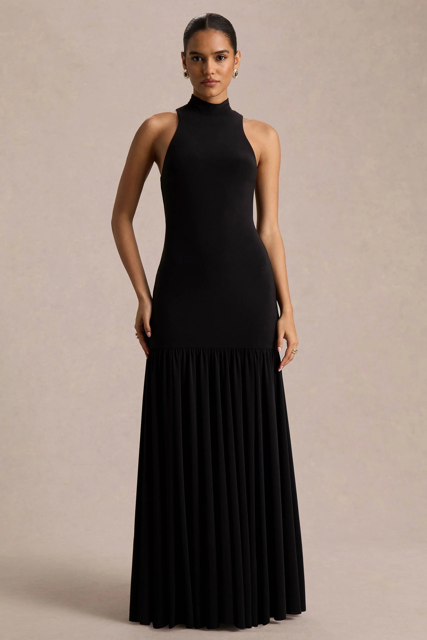 Tasmin Black High-Neck Maxi Dress With Drop-Waist