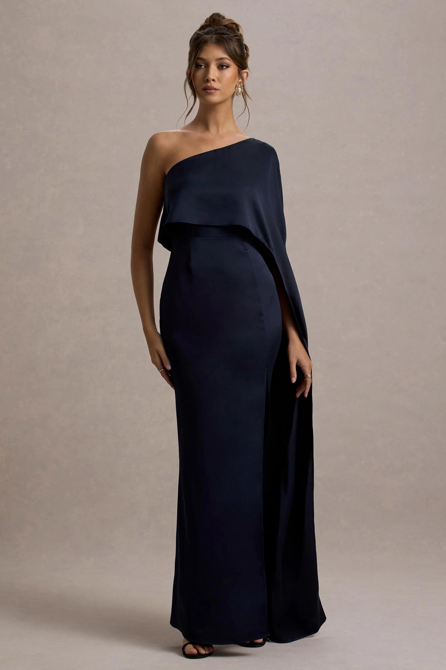 Amora Navy Satin Asymmetric Cape-Sleeve Split Maxi Dress
