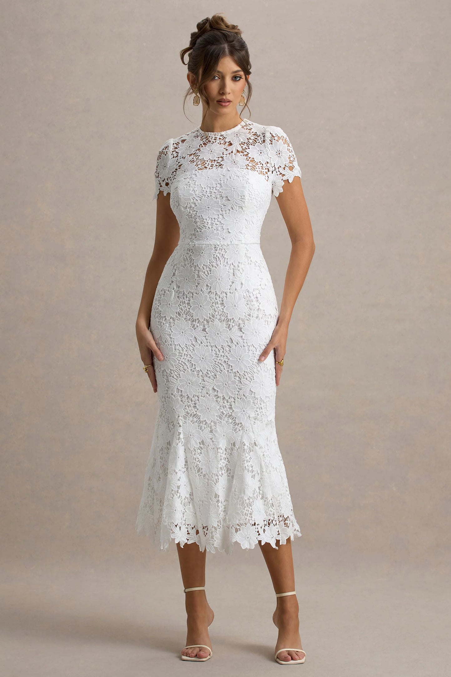 Clarissa White Lace Short-Sleeve Midi Dress
