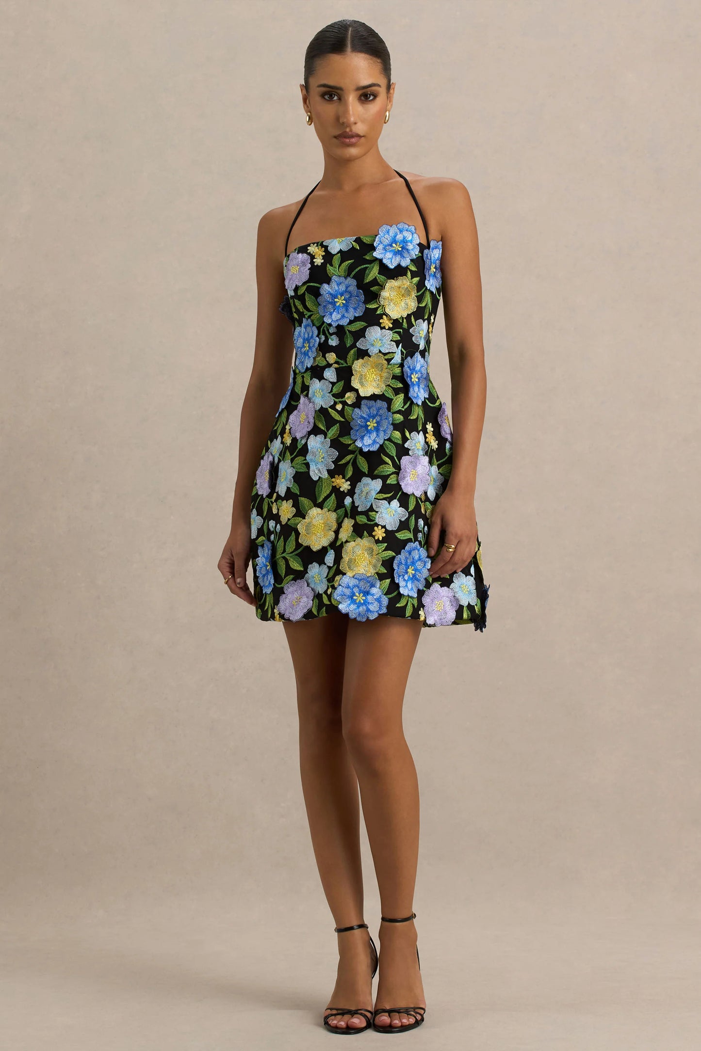 Aisha Black Floral Embellished Square-Neck Mini Dress
