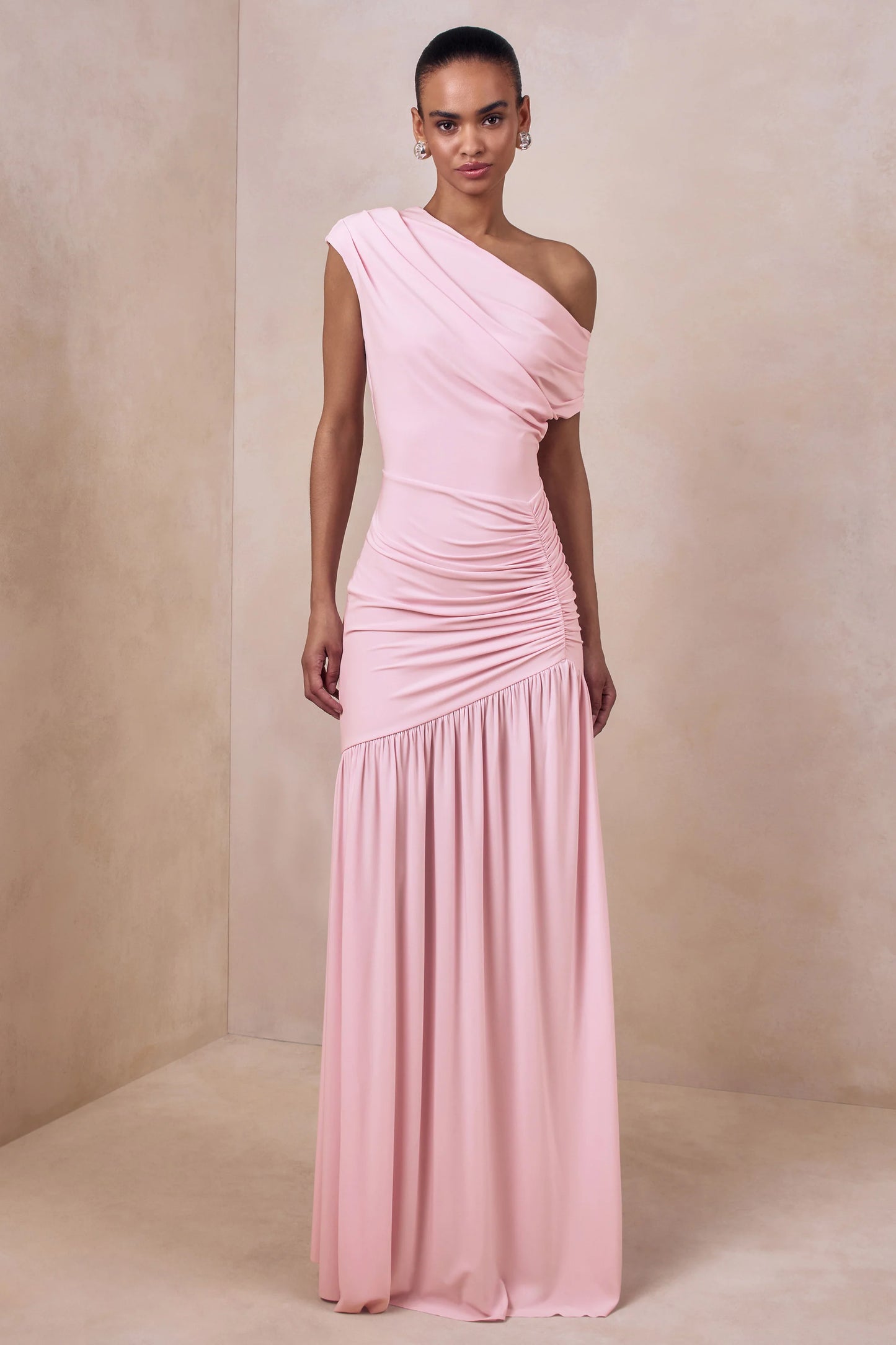Kady Pink Asymmetric-Neck Maxi Dress With Ruched Detailing