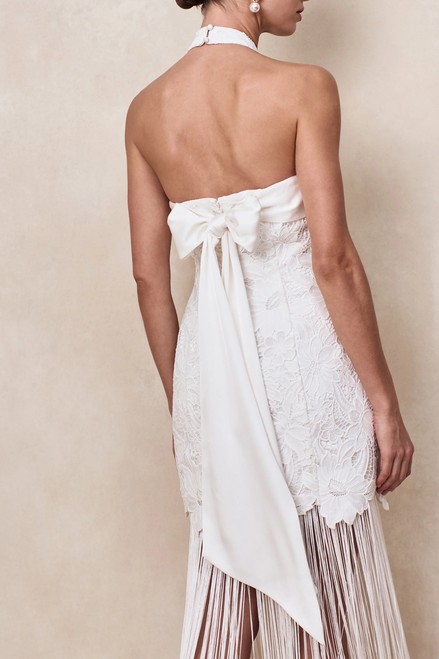 Skylar White Lace Halter-Neck Maxi Dress With Open-Back And Bow Detail