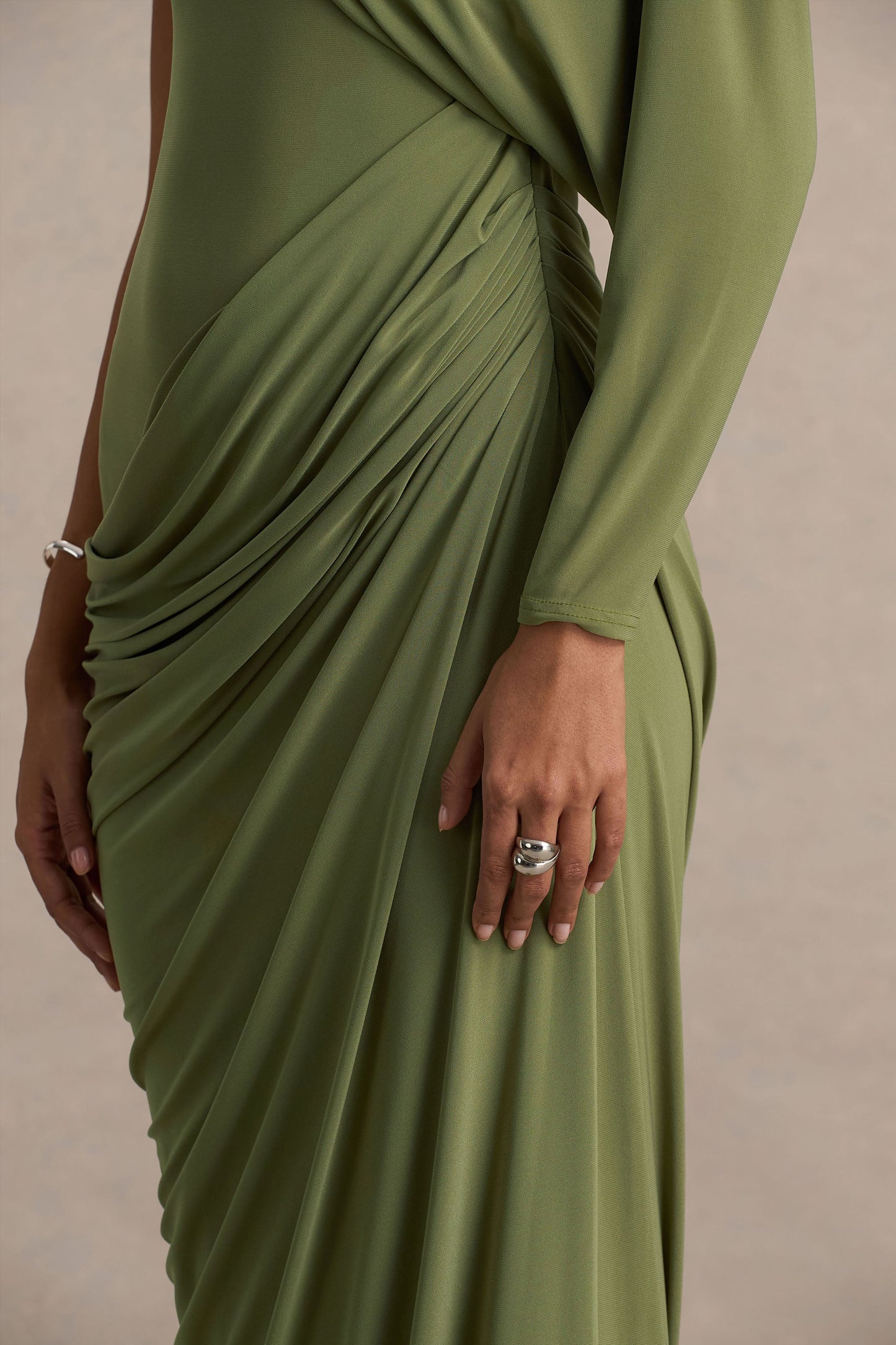 Aphra Green High-Neck Maxi Dress With Cape-Sleeve