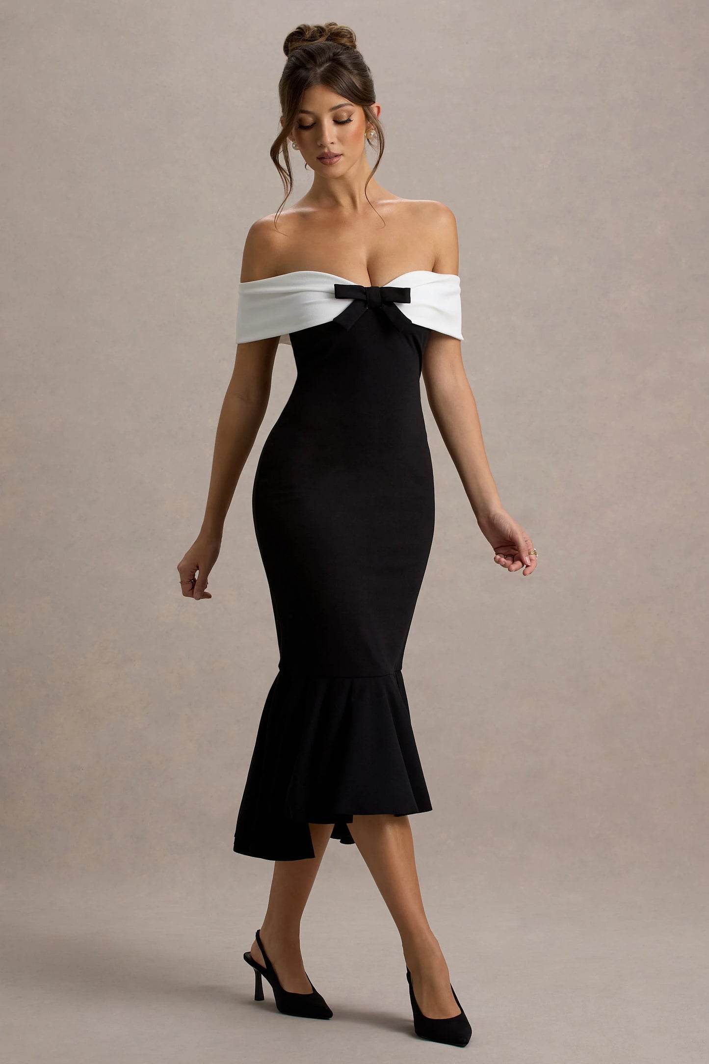 Corola Black & White Bardot Volume-Hem Midi Dress