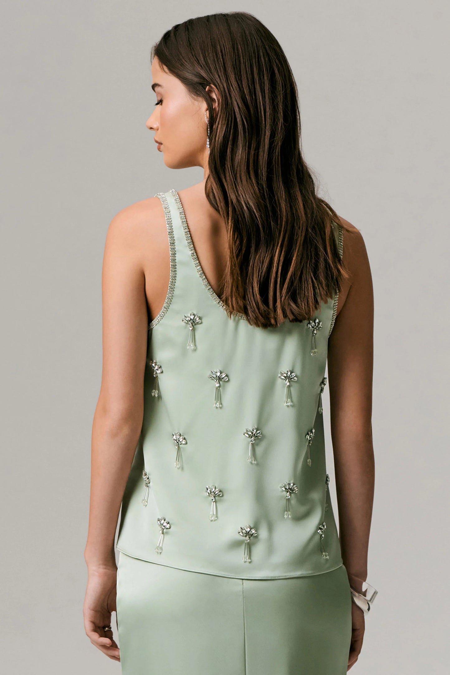 Arianna Mint Satin Scoop-Neck Embellished Top