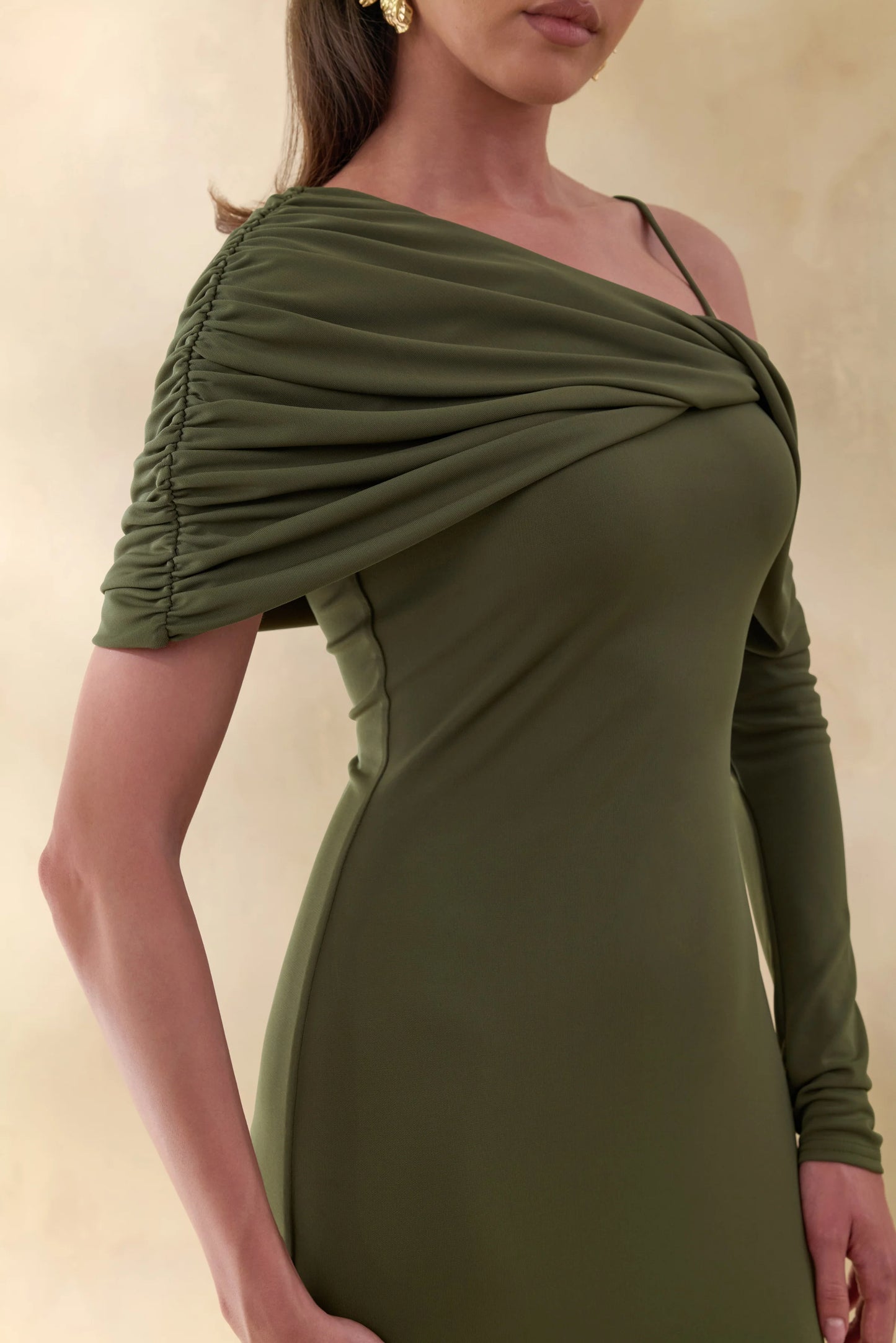 Silvaria Olive Twisted Asymmetric-Neck Maxi Dress