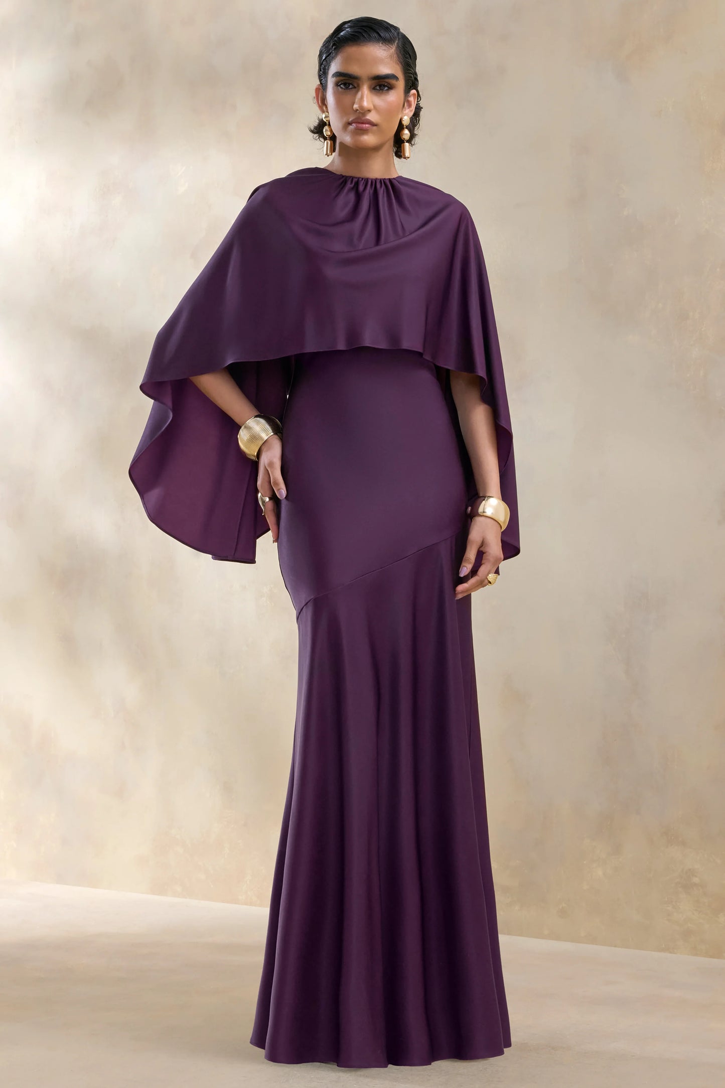 Vanthea Dark Plum Satin Round-Neck Maxi Dress With Cape-Sleeves