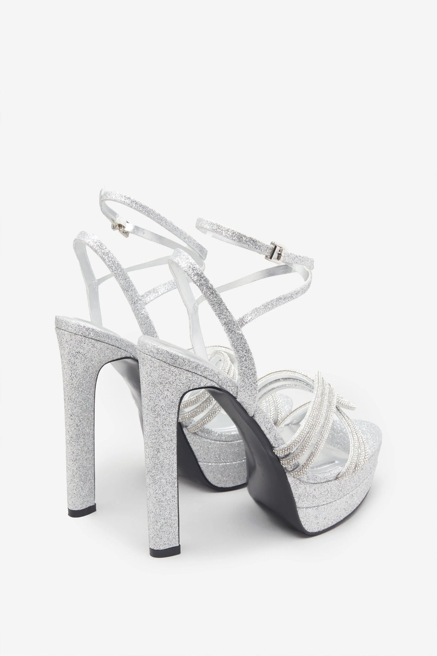 Doll Drama Silver Glitter Diamante Strappy Platform Heels