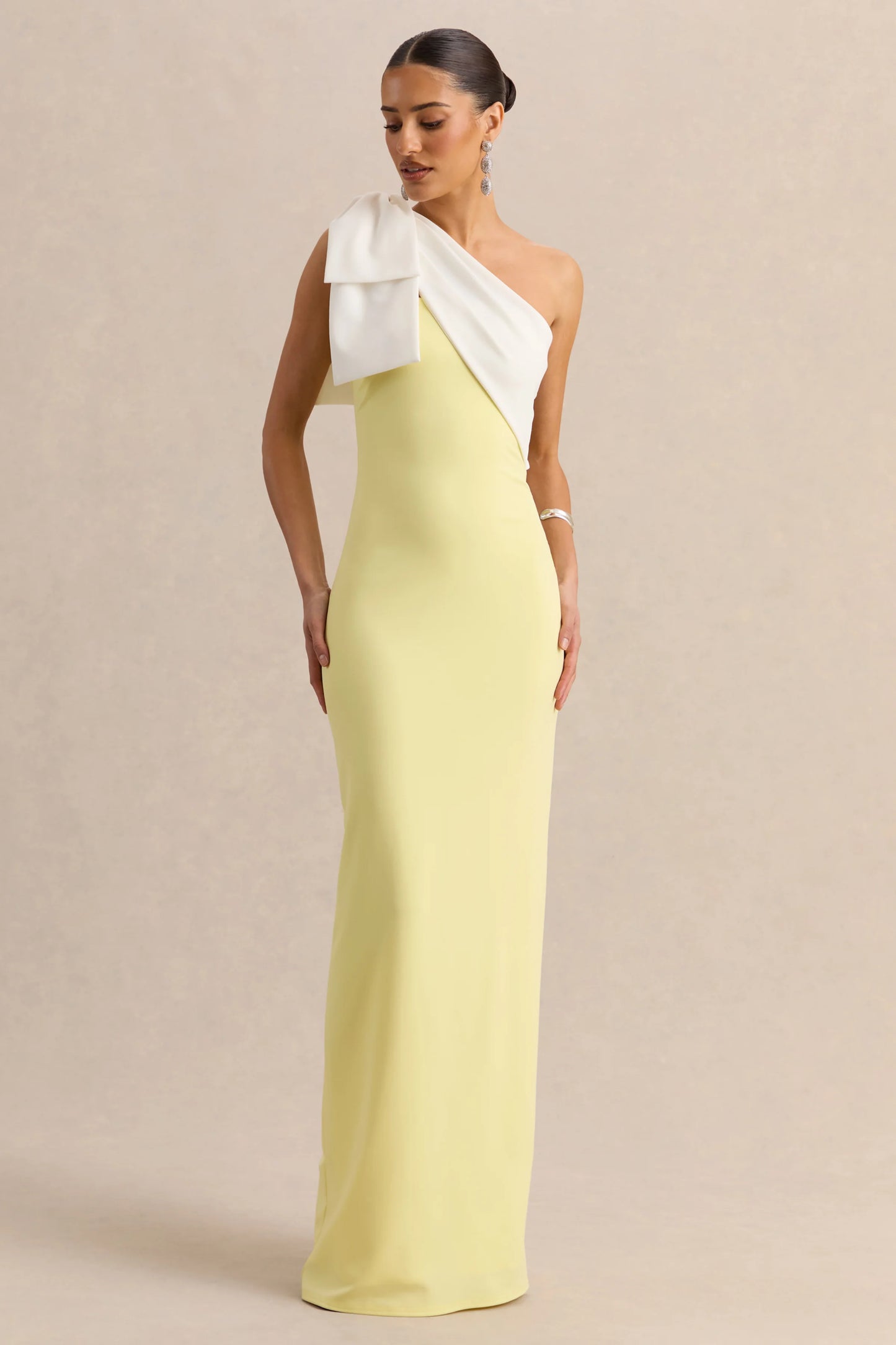 Adara Lemon & White Asymmetric-Neck Maxi Dress With Bow-Detail