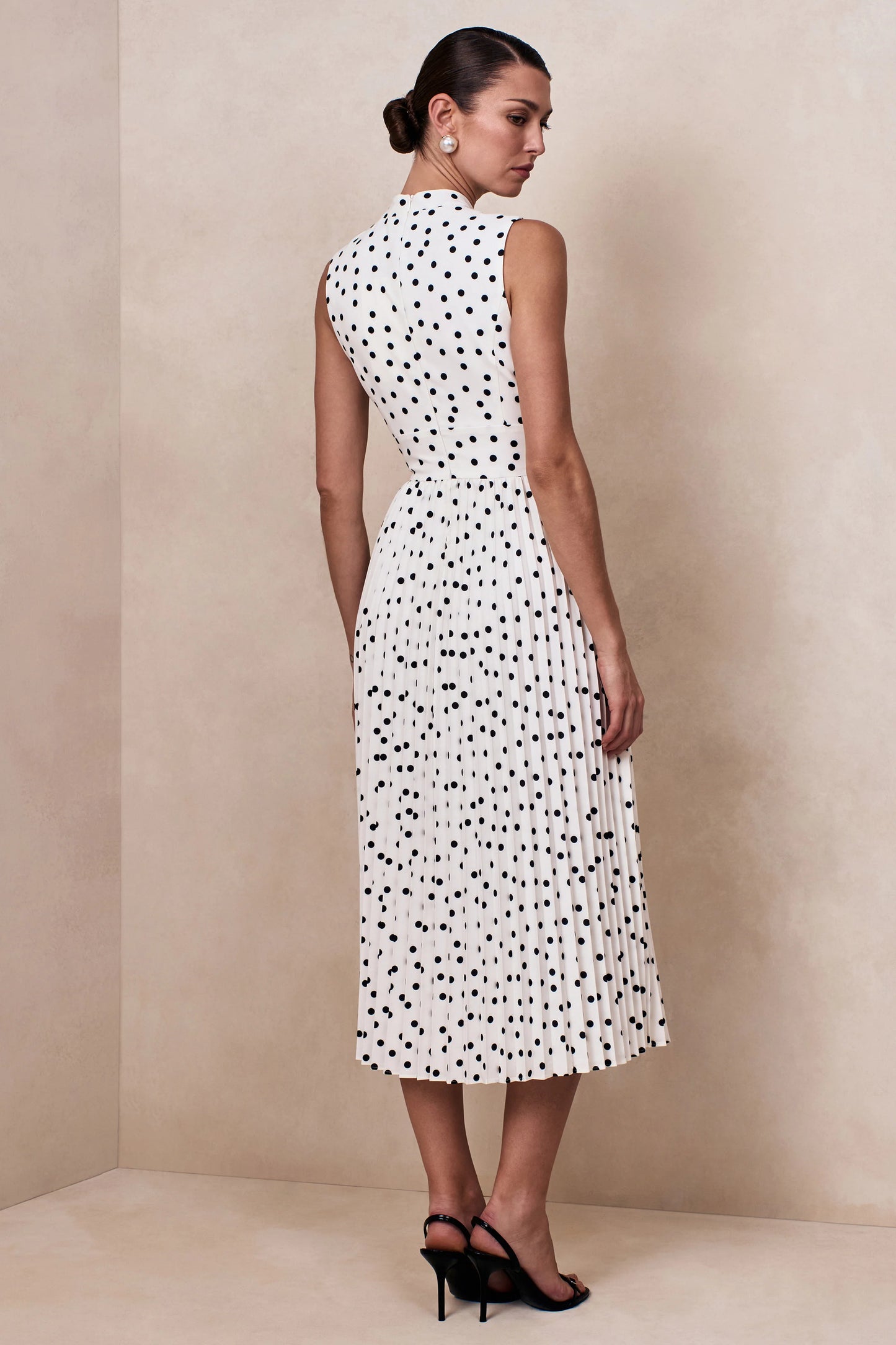 Avalon White Polka Dot Scarf-Neck Midi Dress With Pleated Skirt