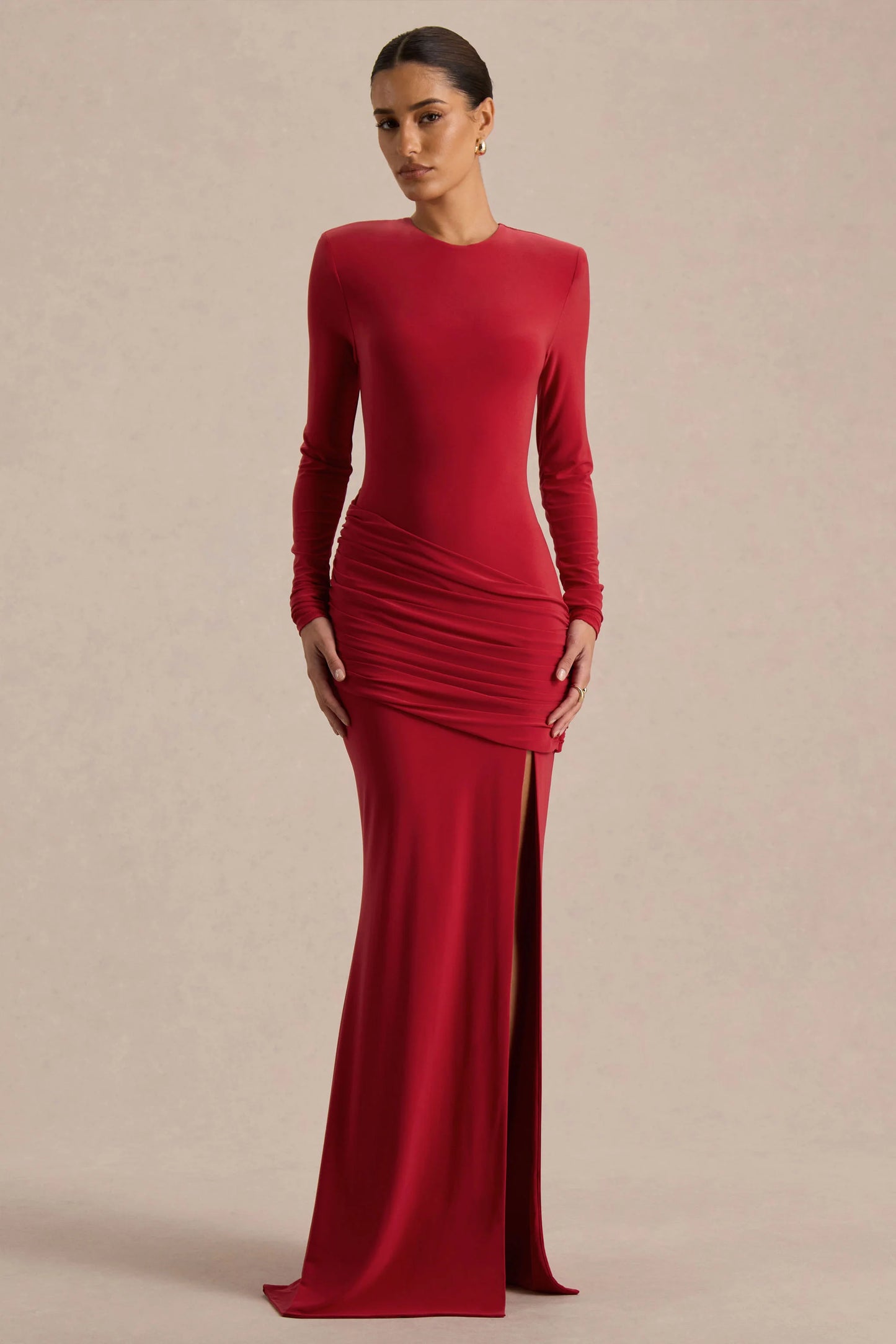 Liora Red Crew-Neck Maxi Dress With Front-High Split