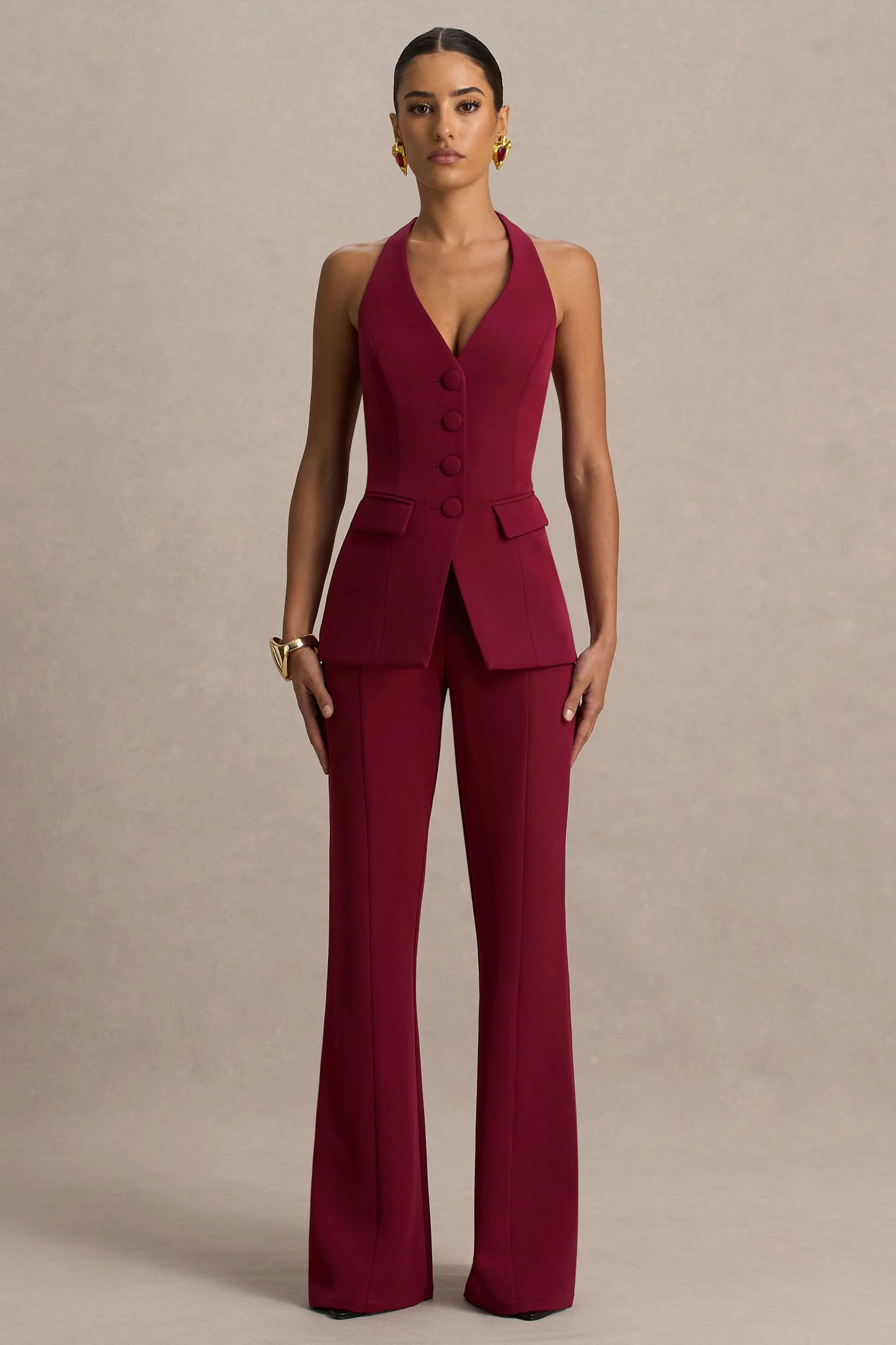 Carina Burgundy Flared-Leg Tailored Trousers