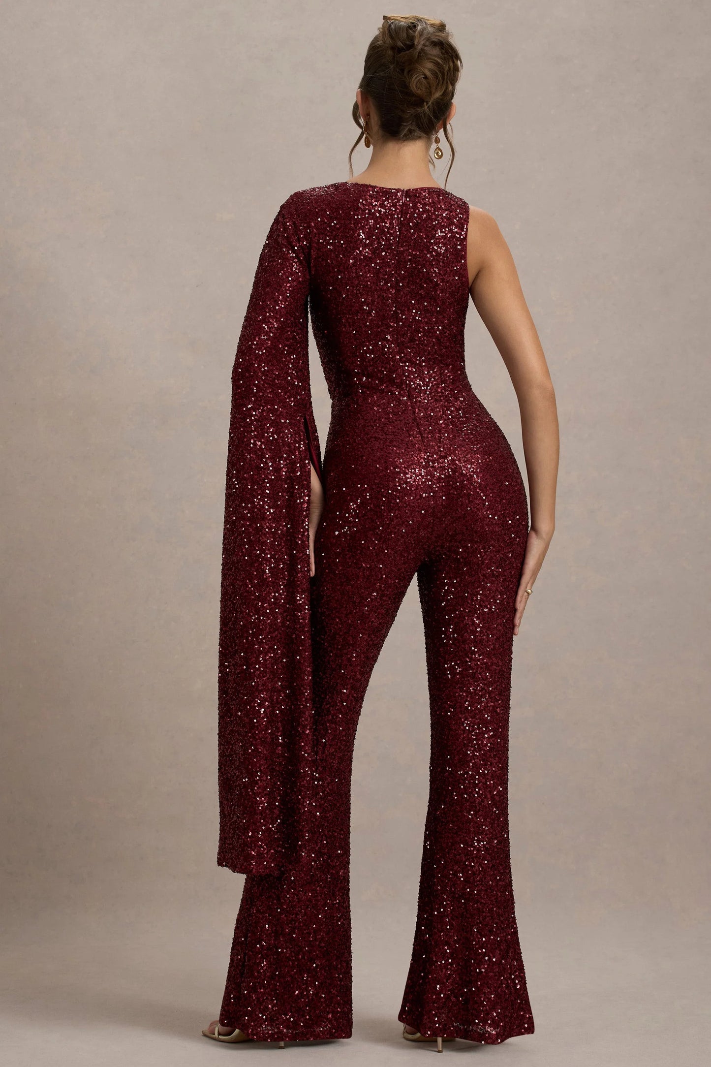 Star Seeker Port Sequin One-Shoulder Cape Sleeve Jumpsuit
