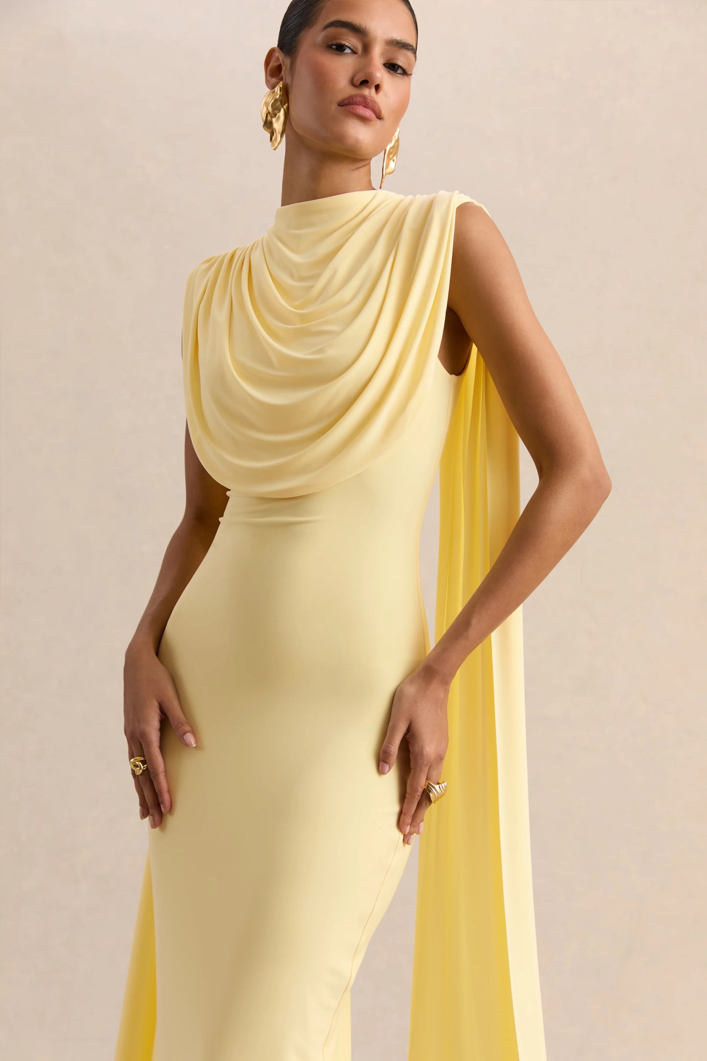 Patrina Lemon High-Neck Maxi Dress With Draped-Detailing And Cape-Sleeves