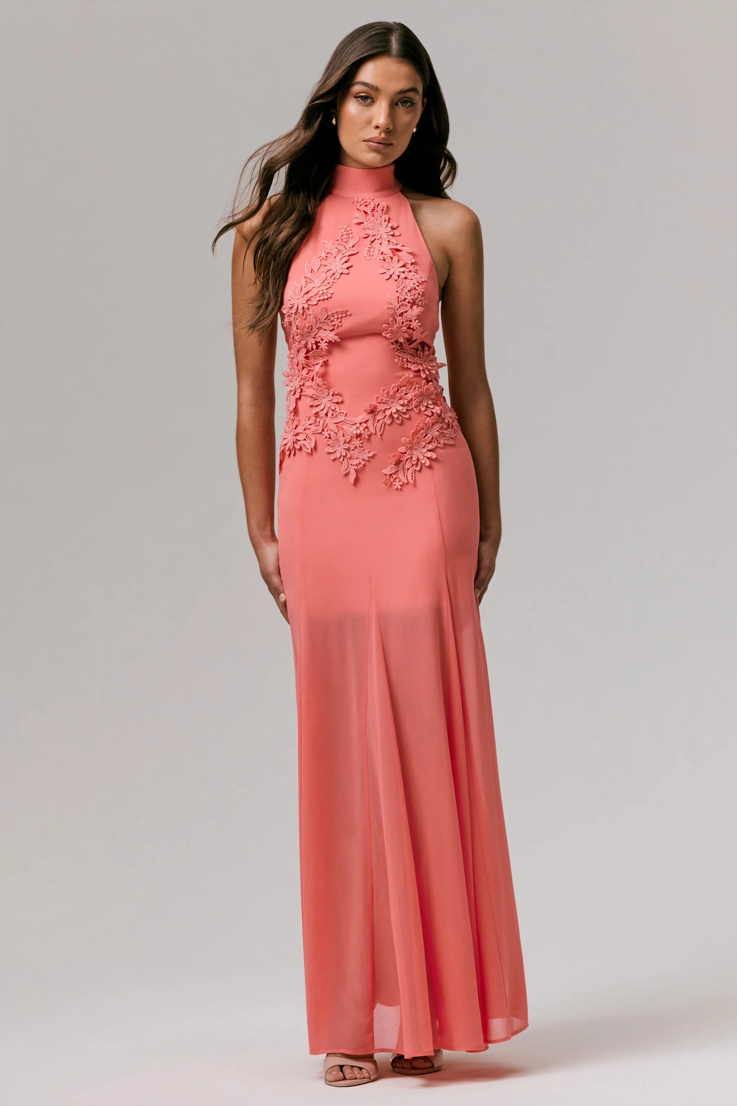 Just Like Magic Coral High-Neck Maxi Dress With Lace Detailing