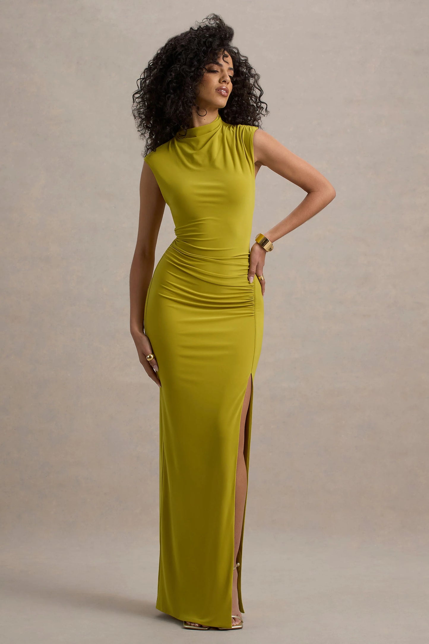 Lanetta Green Ruched High-Neck Maxi Dress With Split