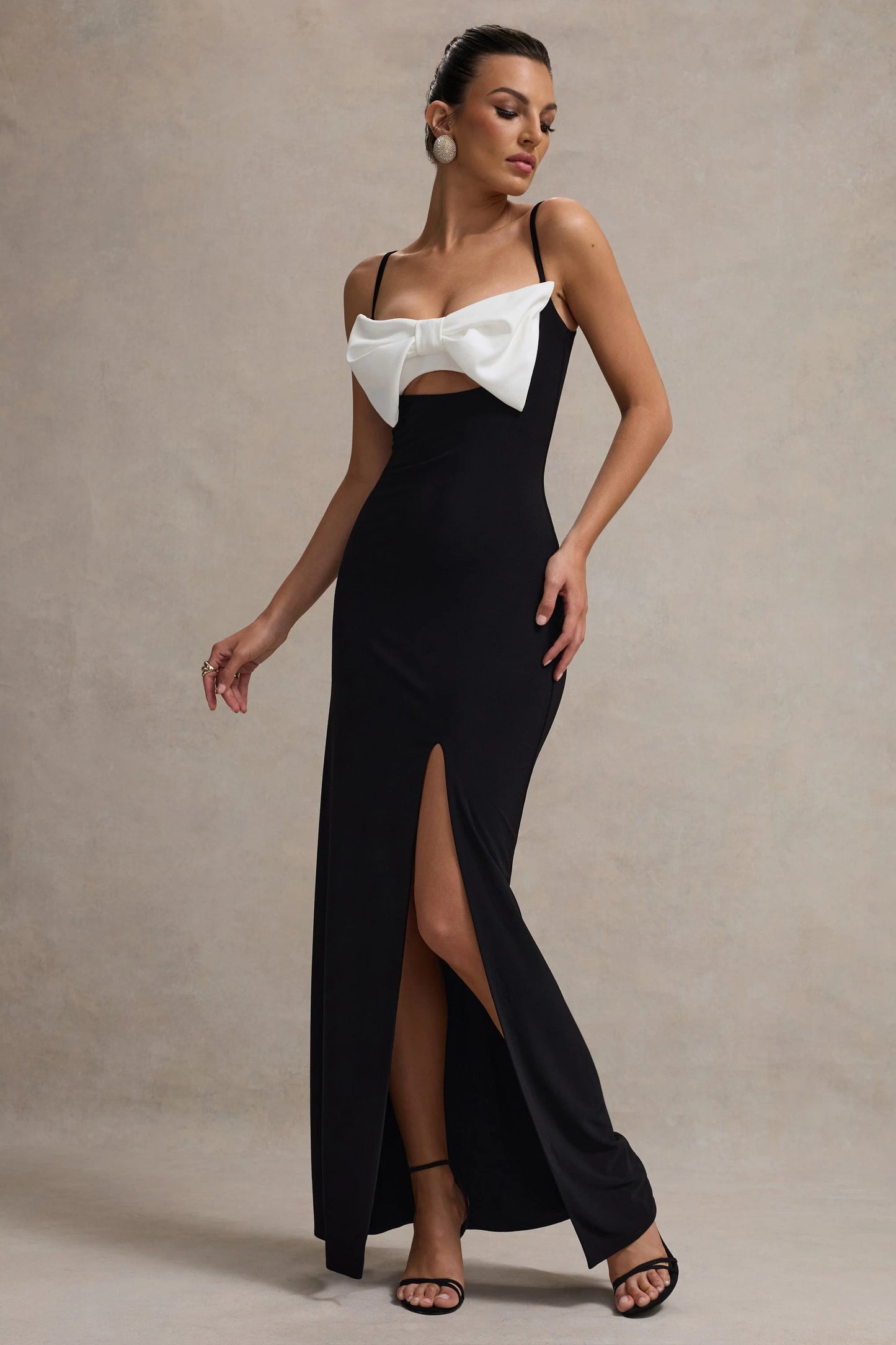 Emmalou Black & White Strappy Split Maxi Dress With Bow