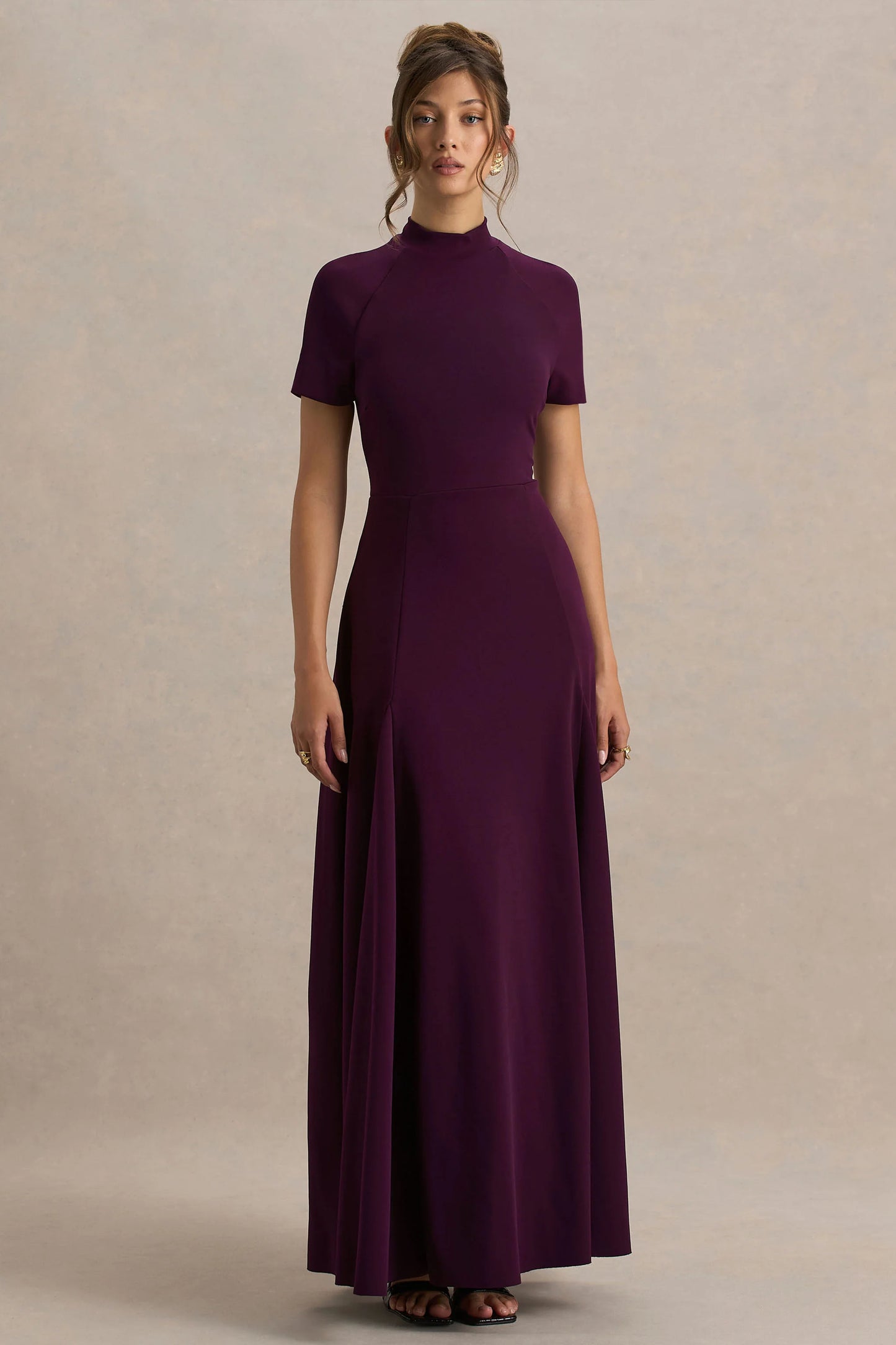 Alea Burgundy High-Neck Short-Sleeve Maxi Dress