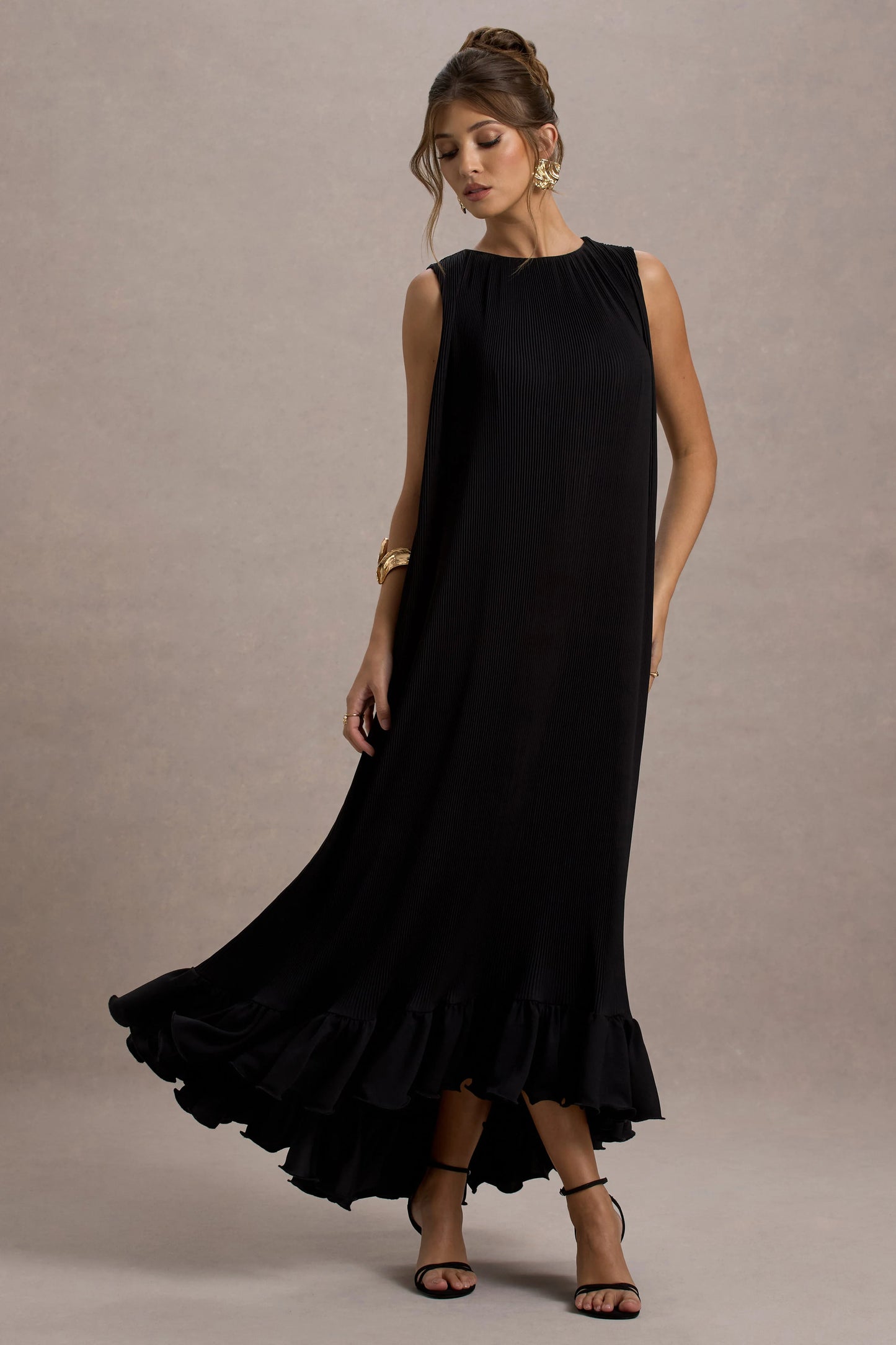 Hazelle Black Chiffon A-Line Ruffled Maxi Dress