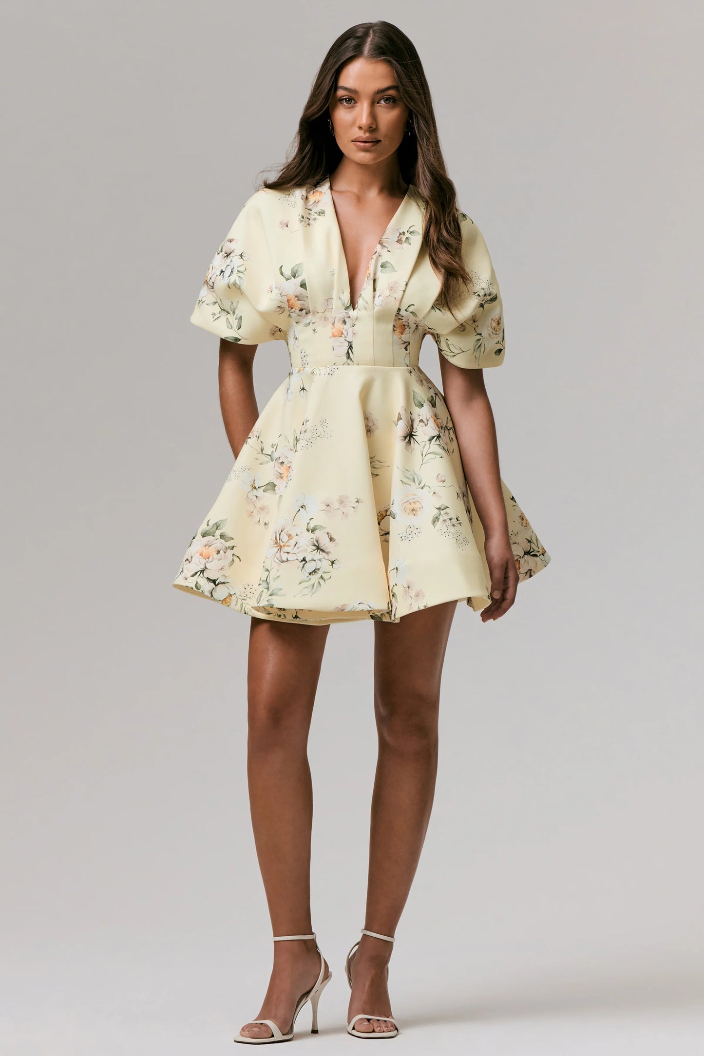 Delight Lemon Print Plunge-Neck Ruffled Mini Dress