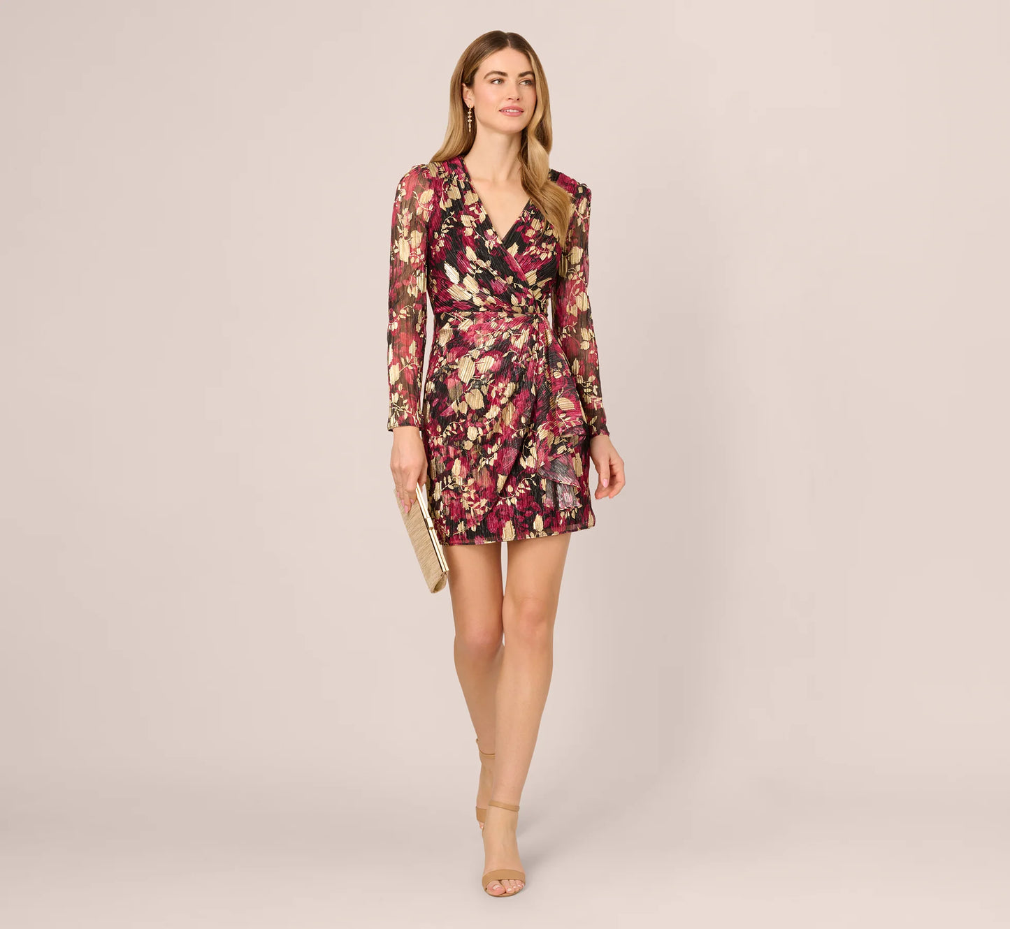 Crinkle Foil Wrap Dress In Fuchsia Gold