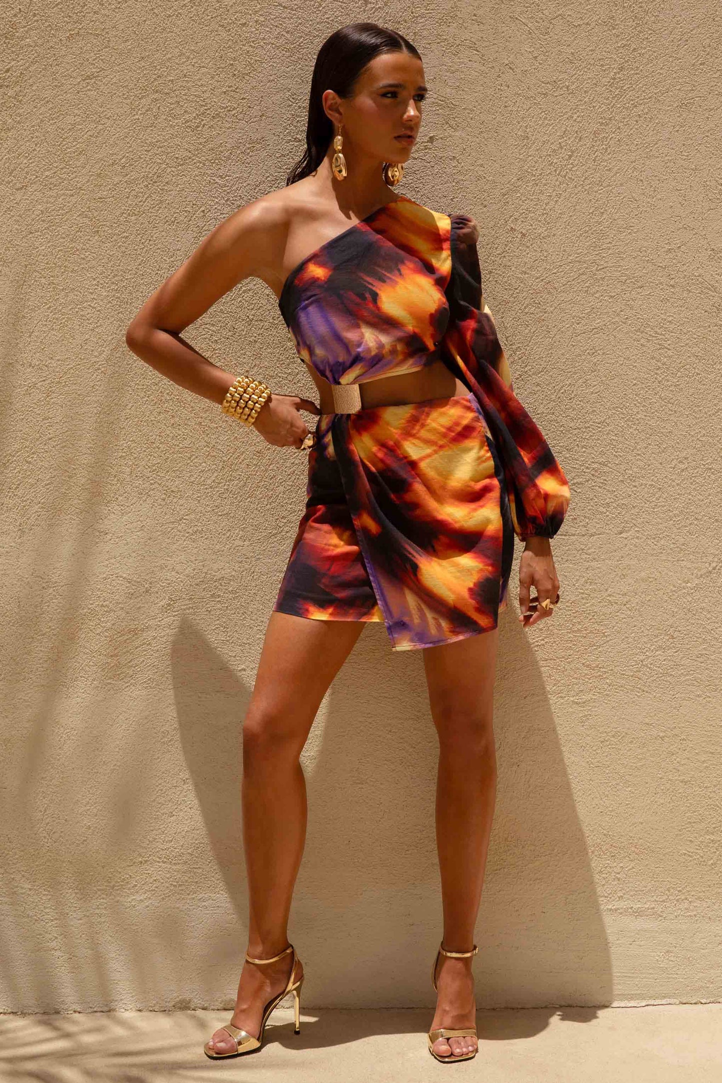 Zen Smoke Print Asymmetric Mini Dress With Cut-Out Detail