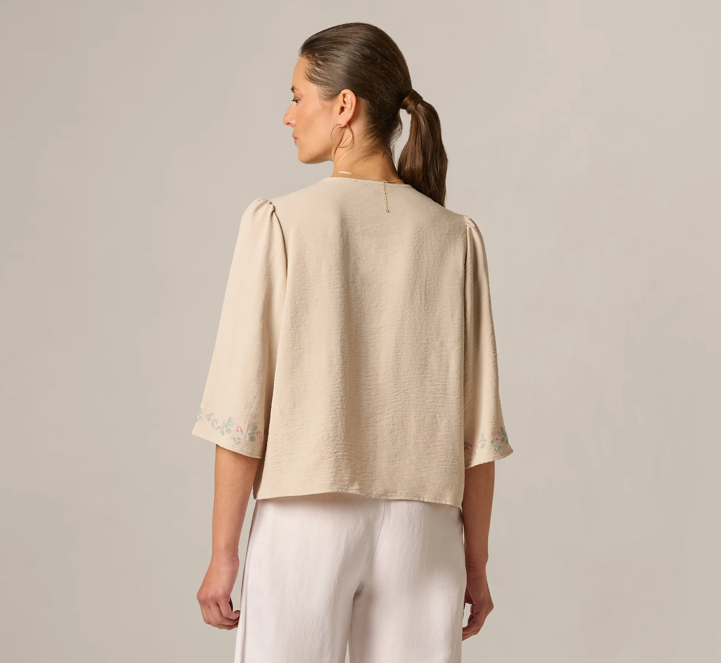 Bell Sleeve Floral Embroidered Tie Front Top In Pebble